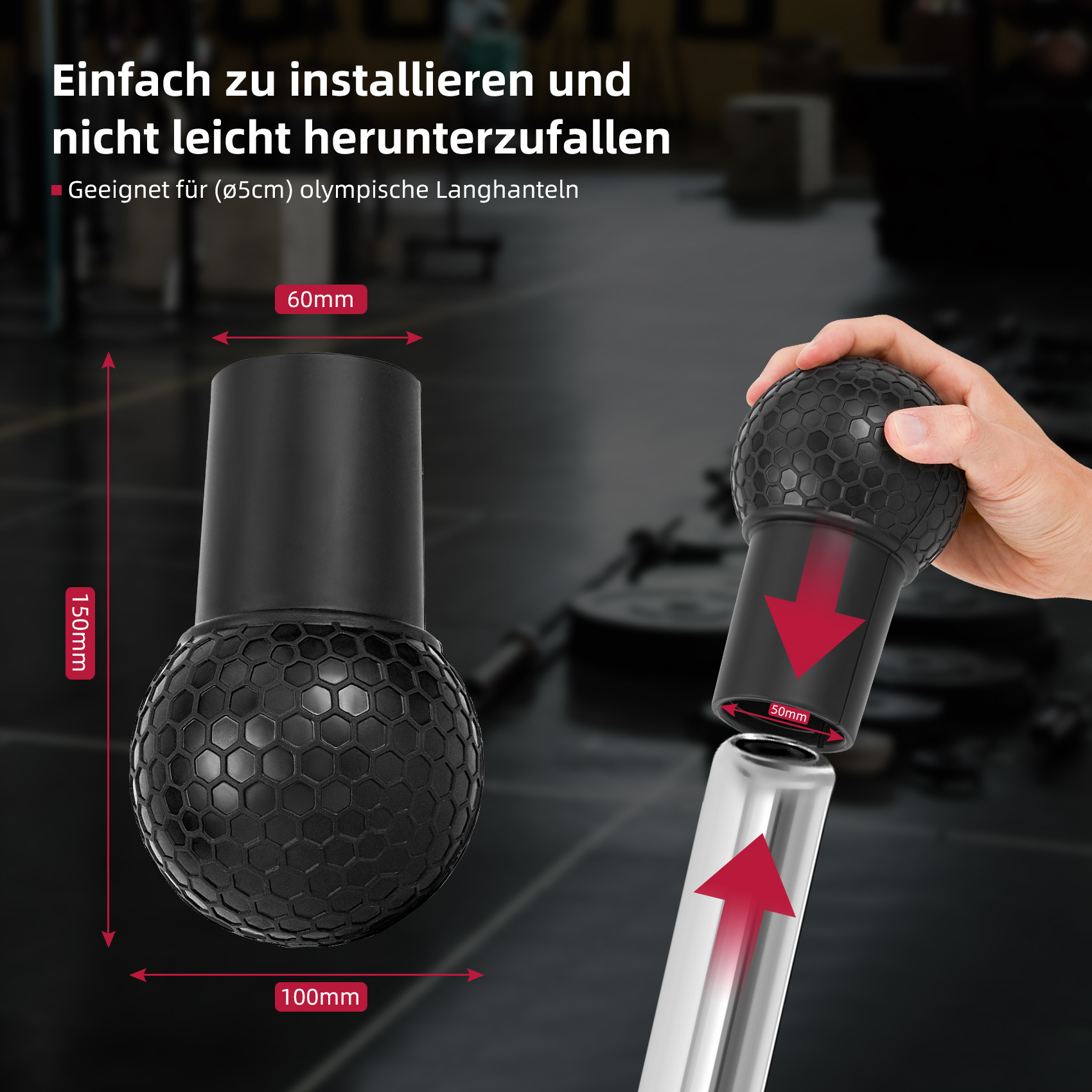 Schwarzes Langhantelzubehör mit Abmessungen, eine Hand, die es in eine Stange einsetzt.