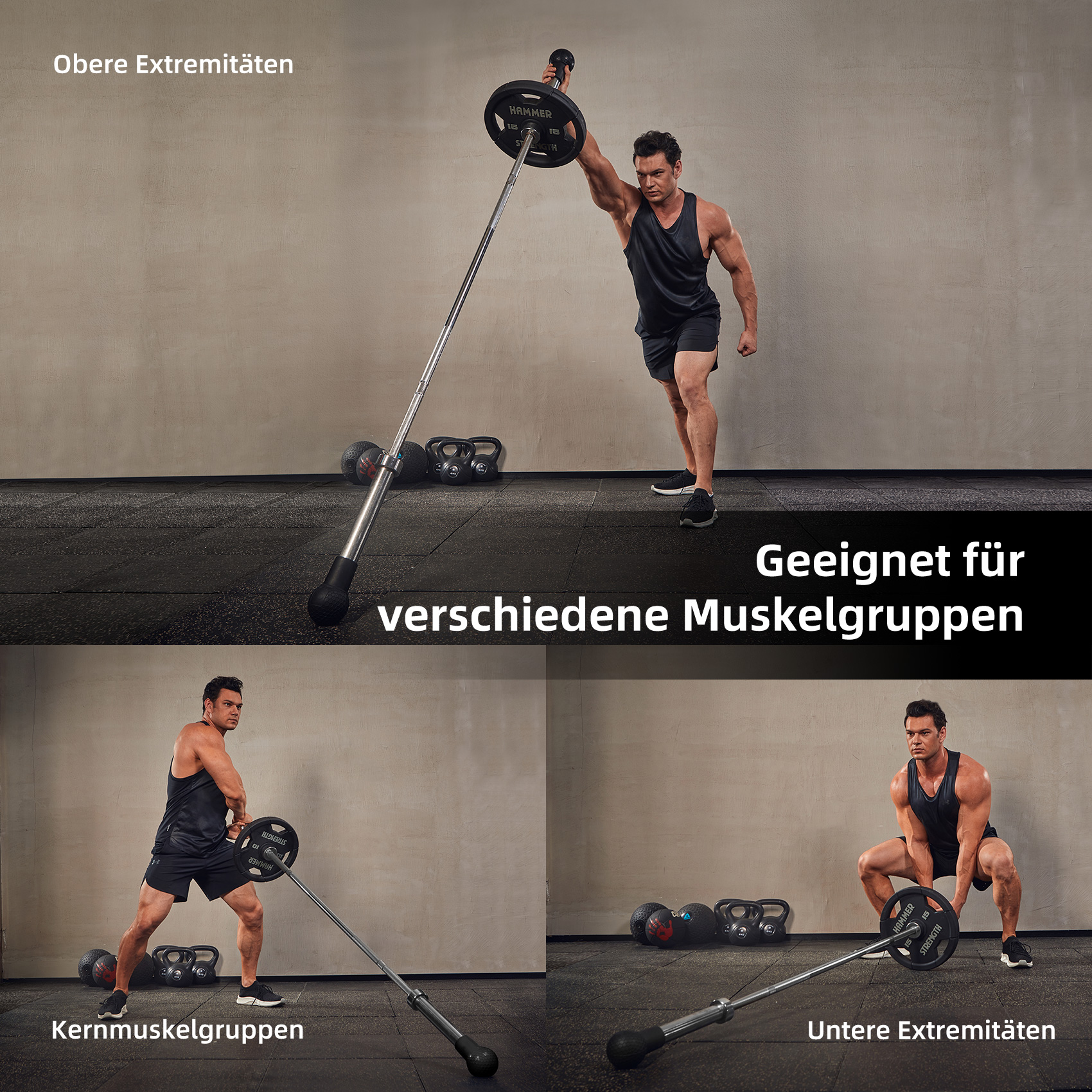 Ein Mann, der verschiedene Übungen mit einer Hantelstange ausführt und Ober- und Unterkörperübungen zeigt.