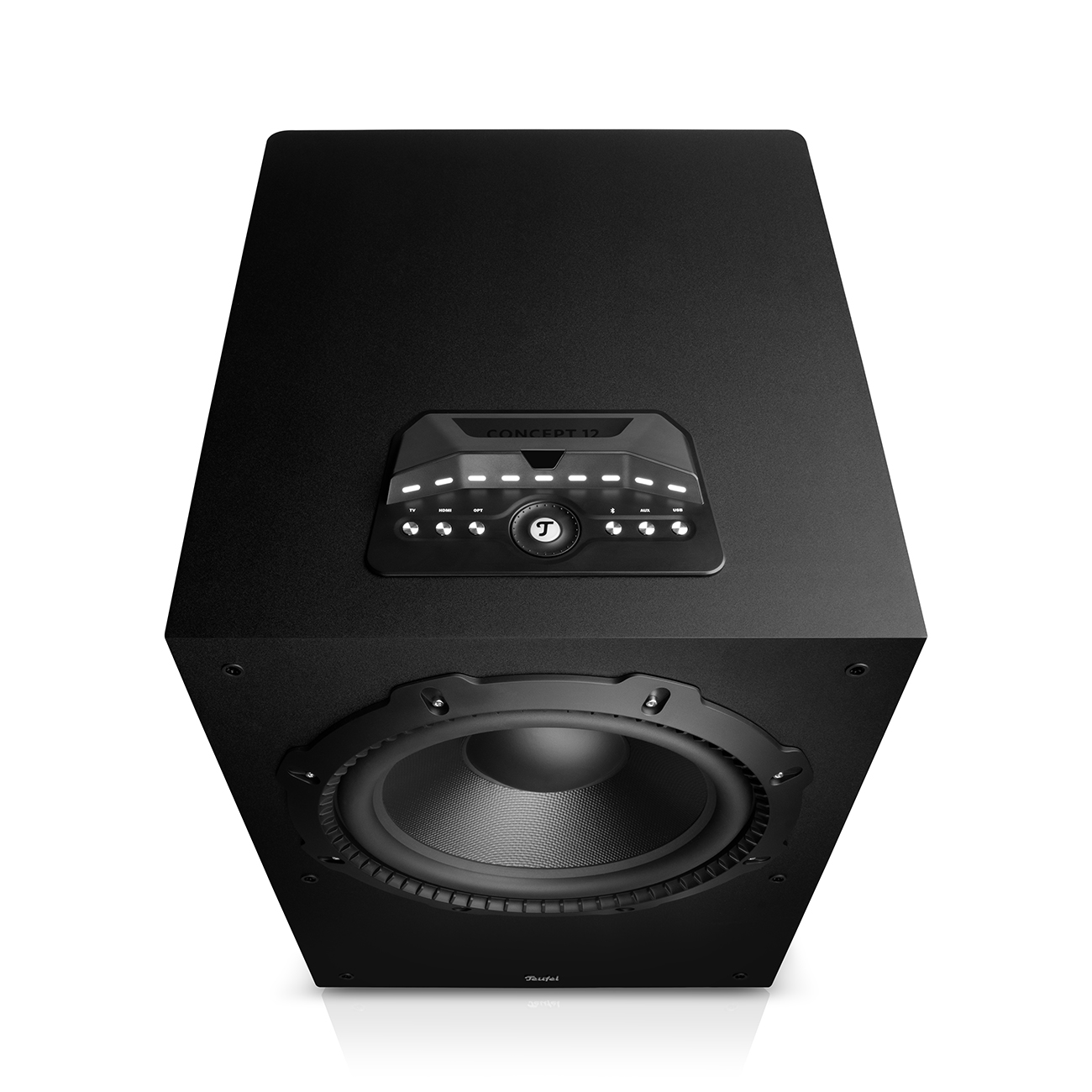 Ein schwarzer Subwoofer mit Bedienfeld oben und großem Lautsprecher vorne.