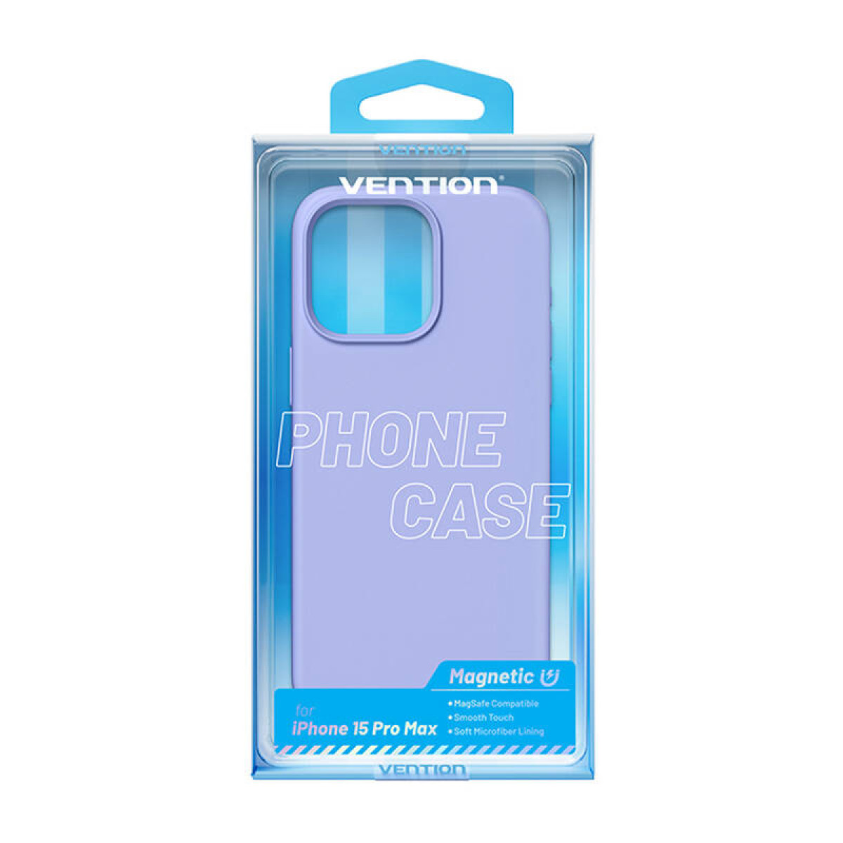 Lila iPhone 15 Pro Max Hülle in einer durchsichtigen Plastikbox, für Telefon.