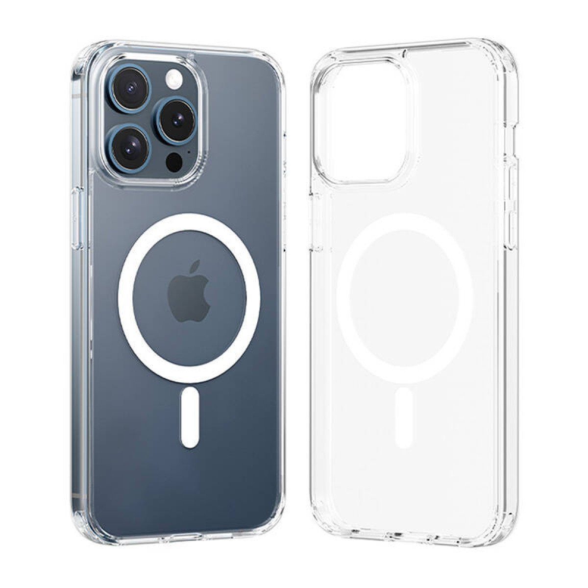 Zwei transparente Handyhüllen mit weißem Kreis und Apple-Logo. Eine Hülle zeigt das Telefon. Weißer Hintergrund.