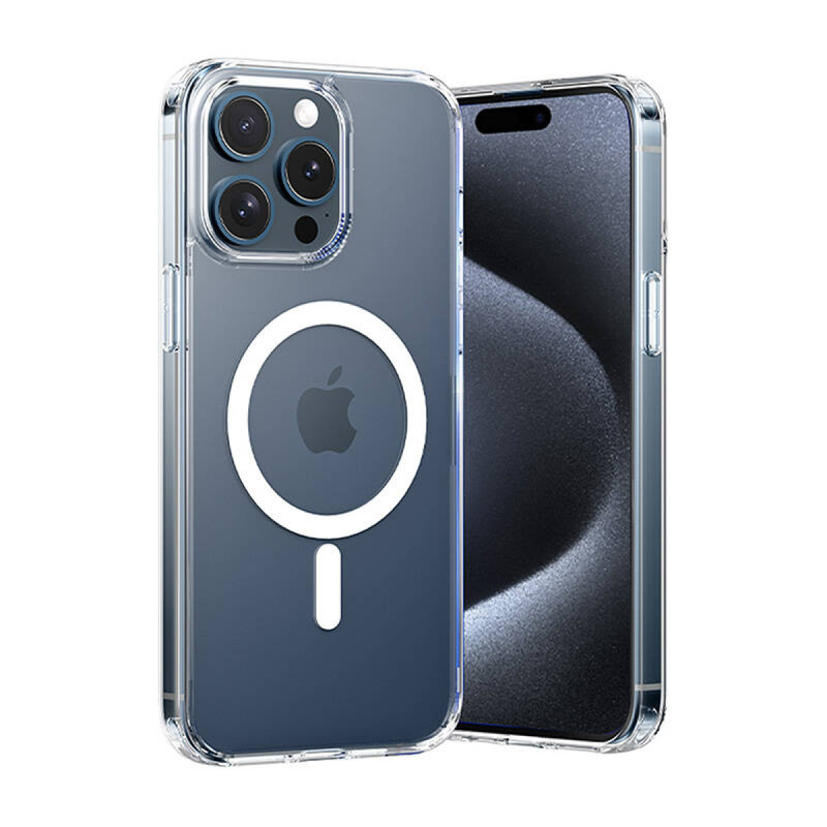 Transparente Handyhülle mit weißem Apple-Logo und drei Kameralinsen auf einem Telefon.