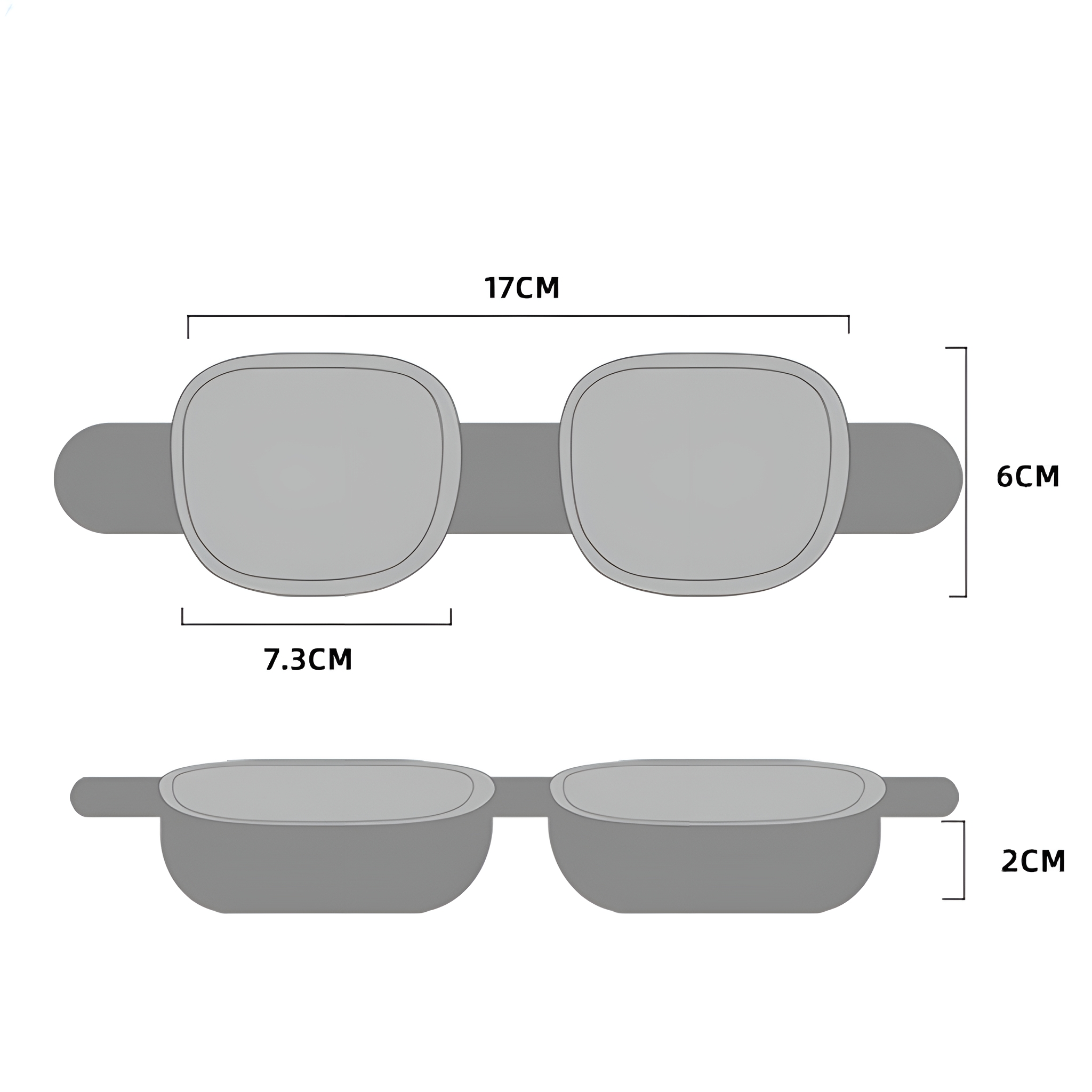 Diagramm mit Abmessungen eines rechteckigen Lebensmittelbehälters. Maße in Zentimetern.