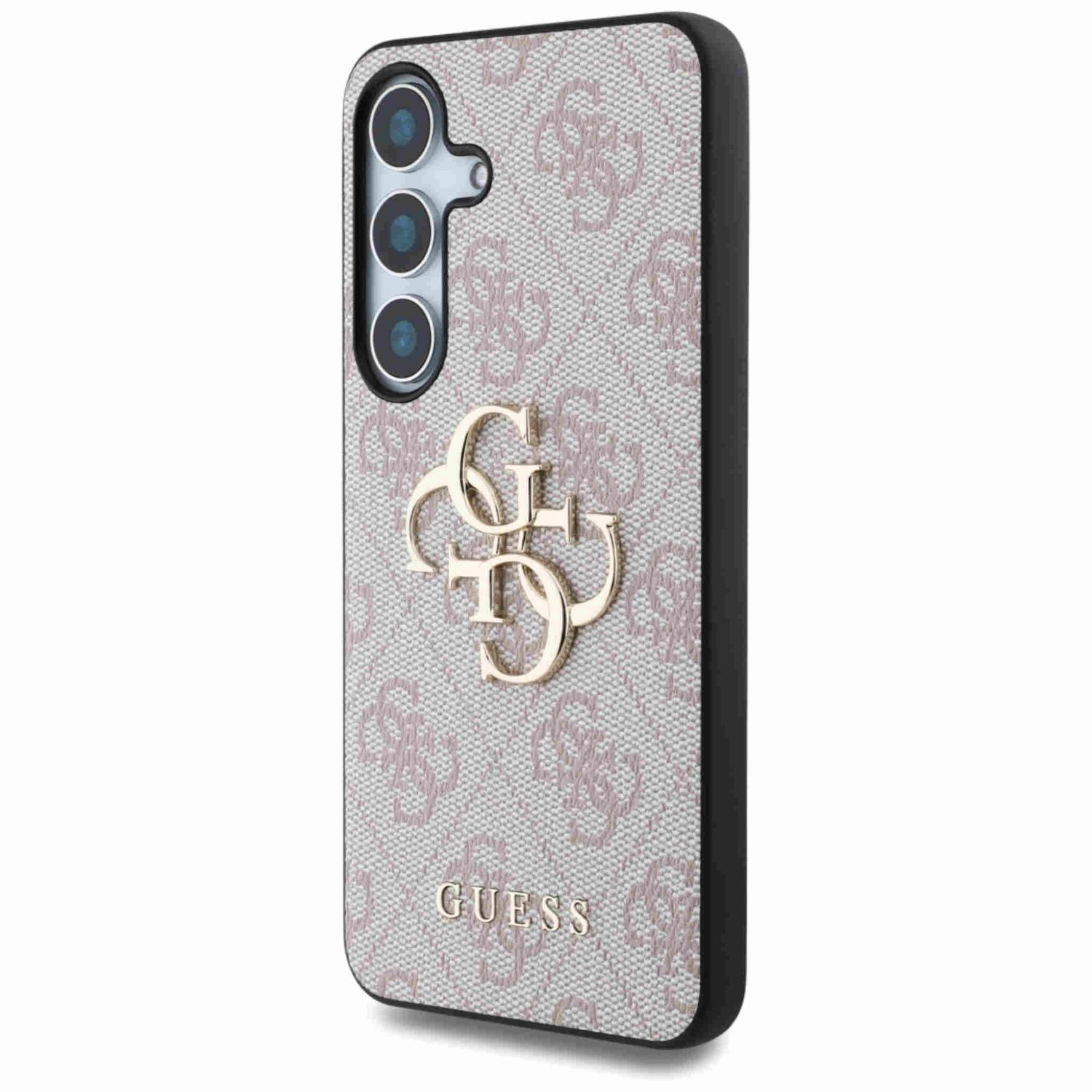 Una custodia per telefono con logo Guess, motivo grigio e bordo nero.