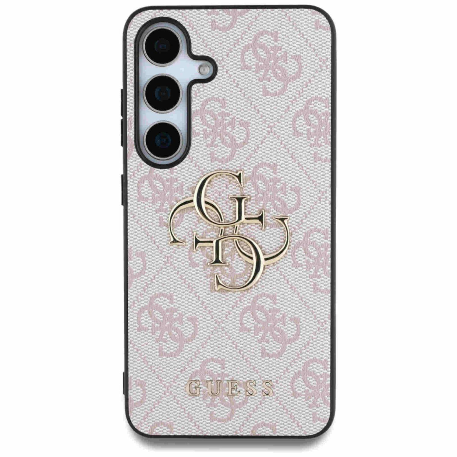 Custodia per telefono con motivo rosa e logo Guess. È su una superficie bianca.