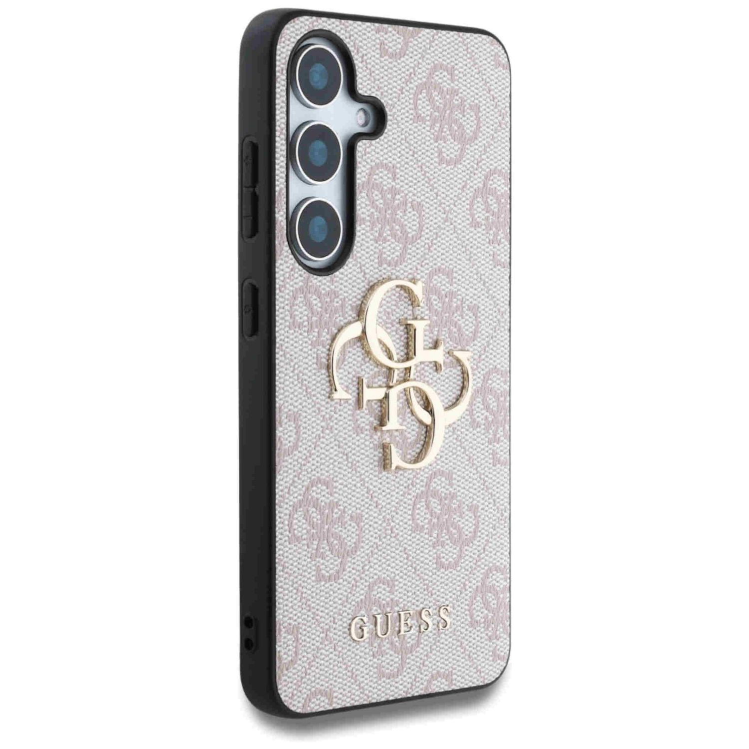 Custodia rosa e bianca per telefono con logo dorato, su sfondo bianco.