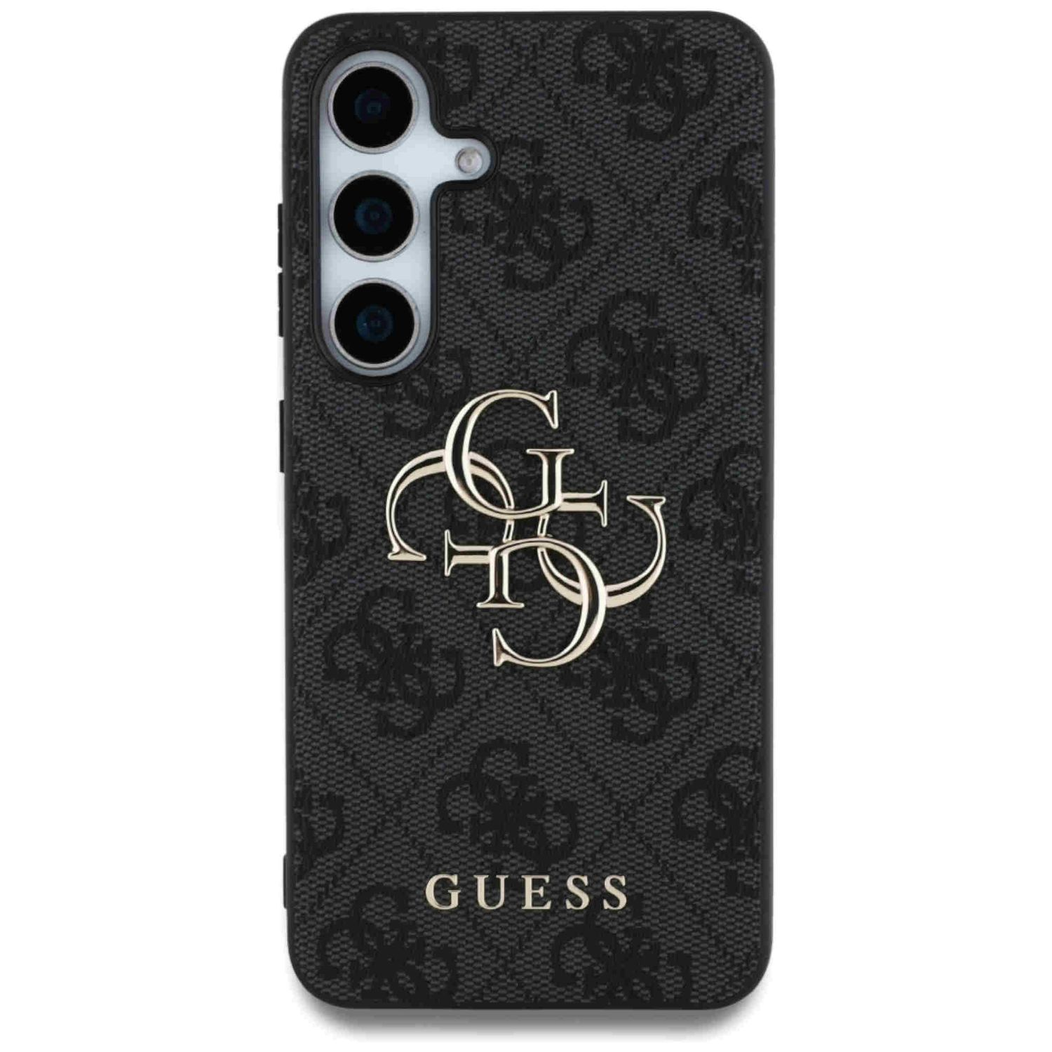 Una custodia per telefono con il logo Guess. La custodia è nera con un motivo.