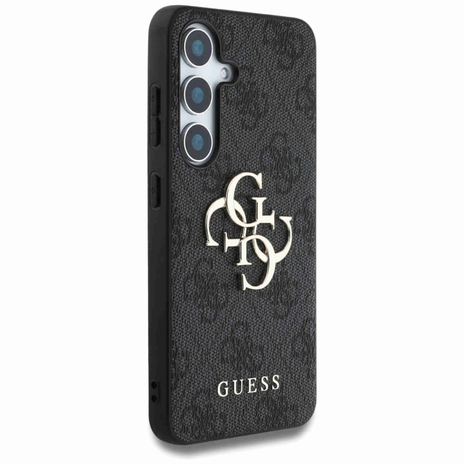 Custodia nera per telefono con logo Guess e tre fotocamere.