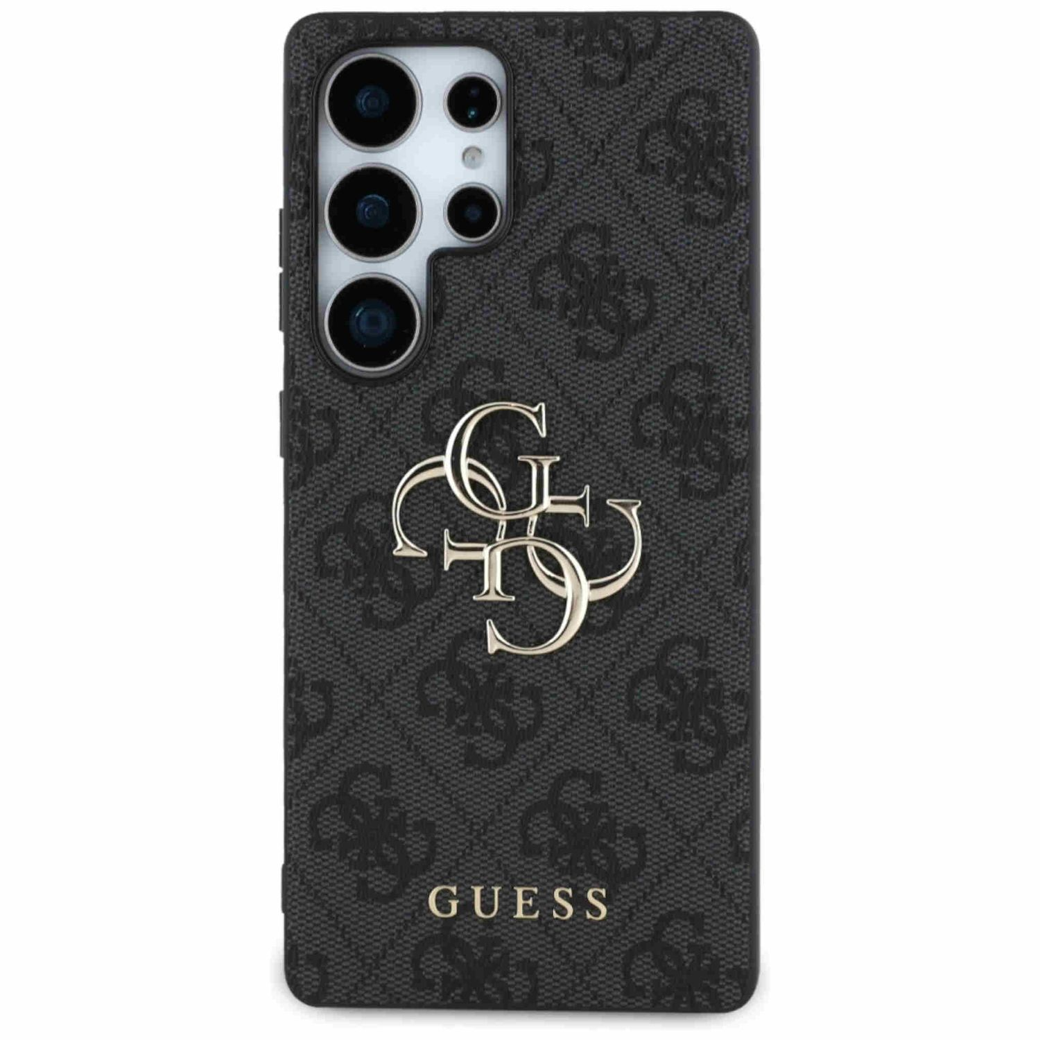 Custodia per telefono nera con logo Guess dorato. Lo sfondo è bianco.
