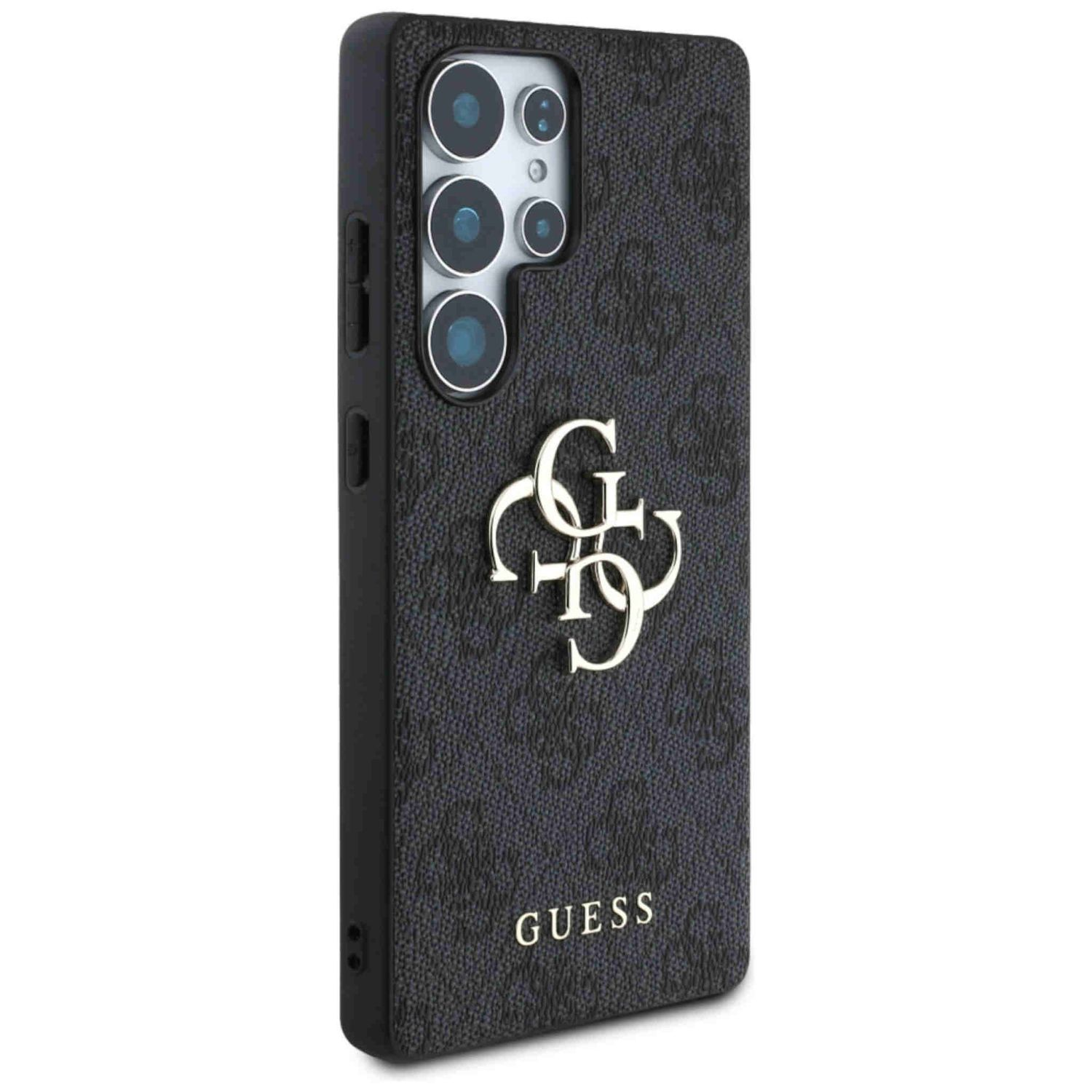 Custodia per telefono Guess nera con logo su sfondo bianco.