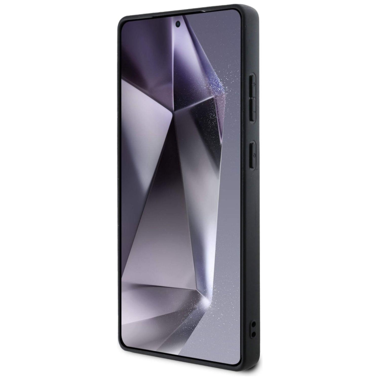 Czarny smartfon z ekranem wyświetlającym geometryczny wzór. Telefon ma boczne przyciski i konfigurację aparatu.