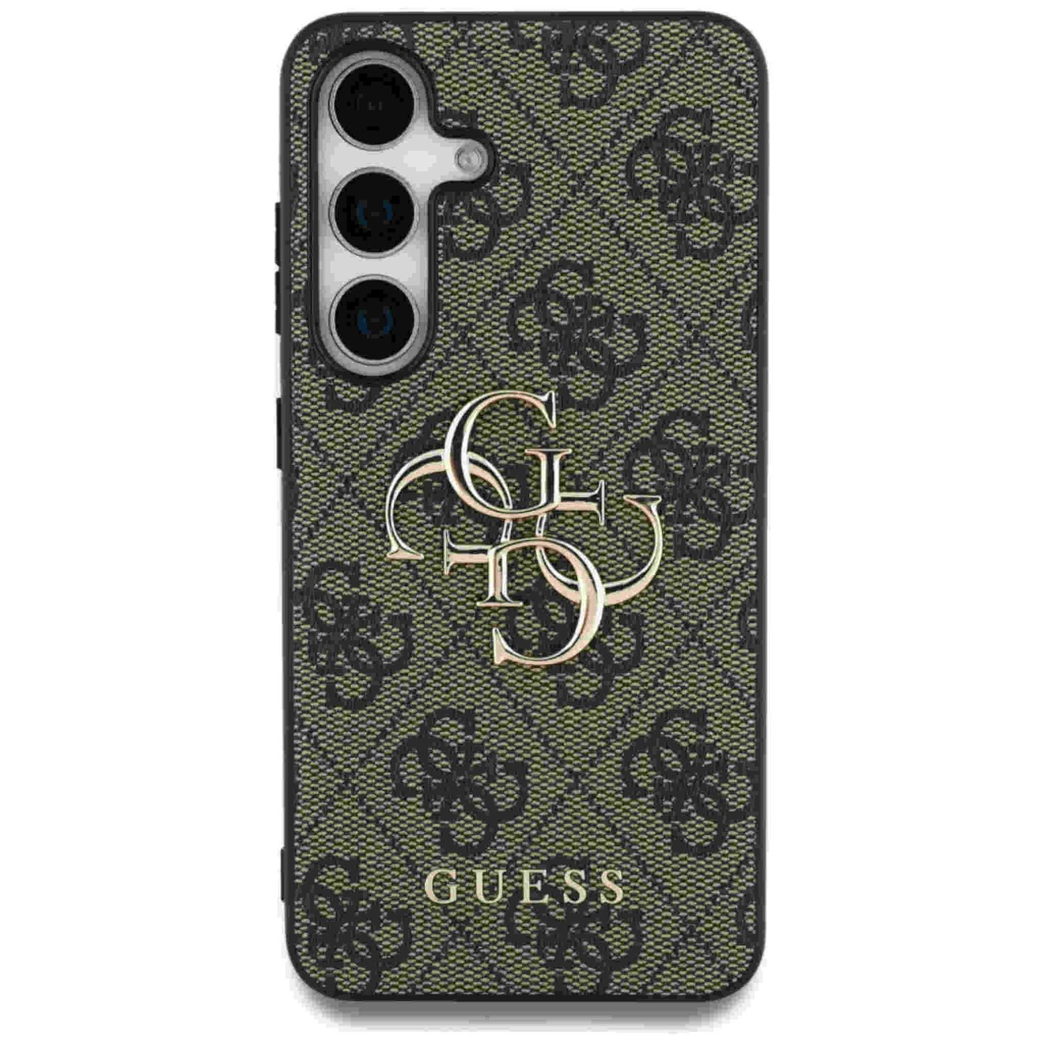 Custodia per telefono Guess con il logo del marchio e un motivo nero e marrone.