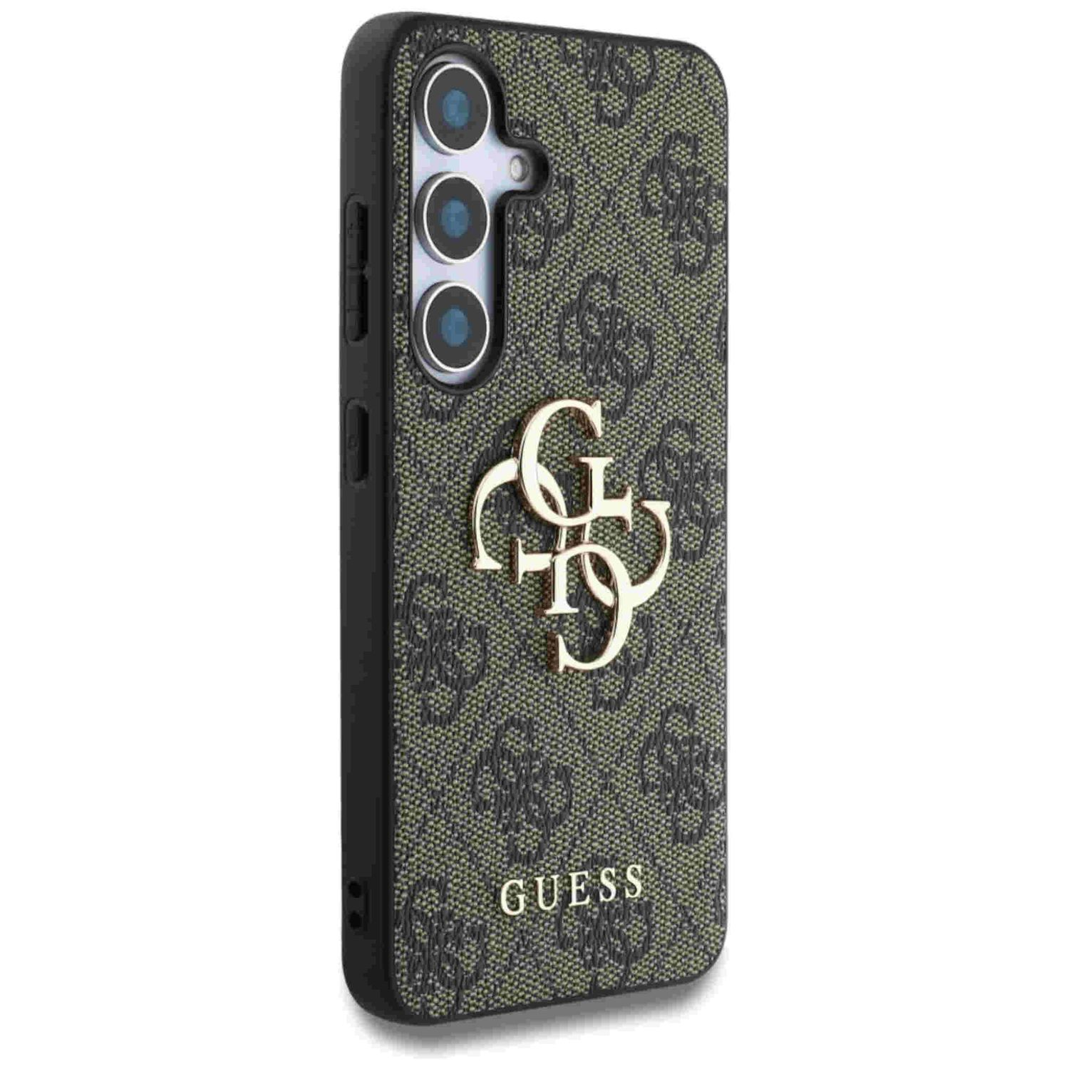 Custodia per telefono con logo GUESS. Ha un motivo e dettagli dorati sulla custodia nera.