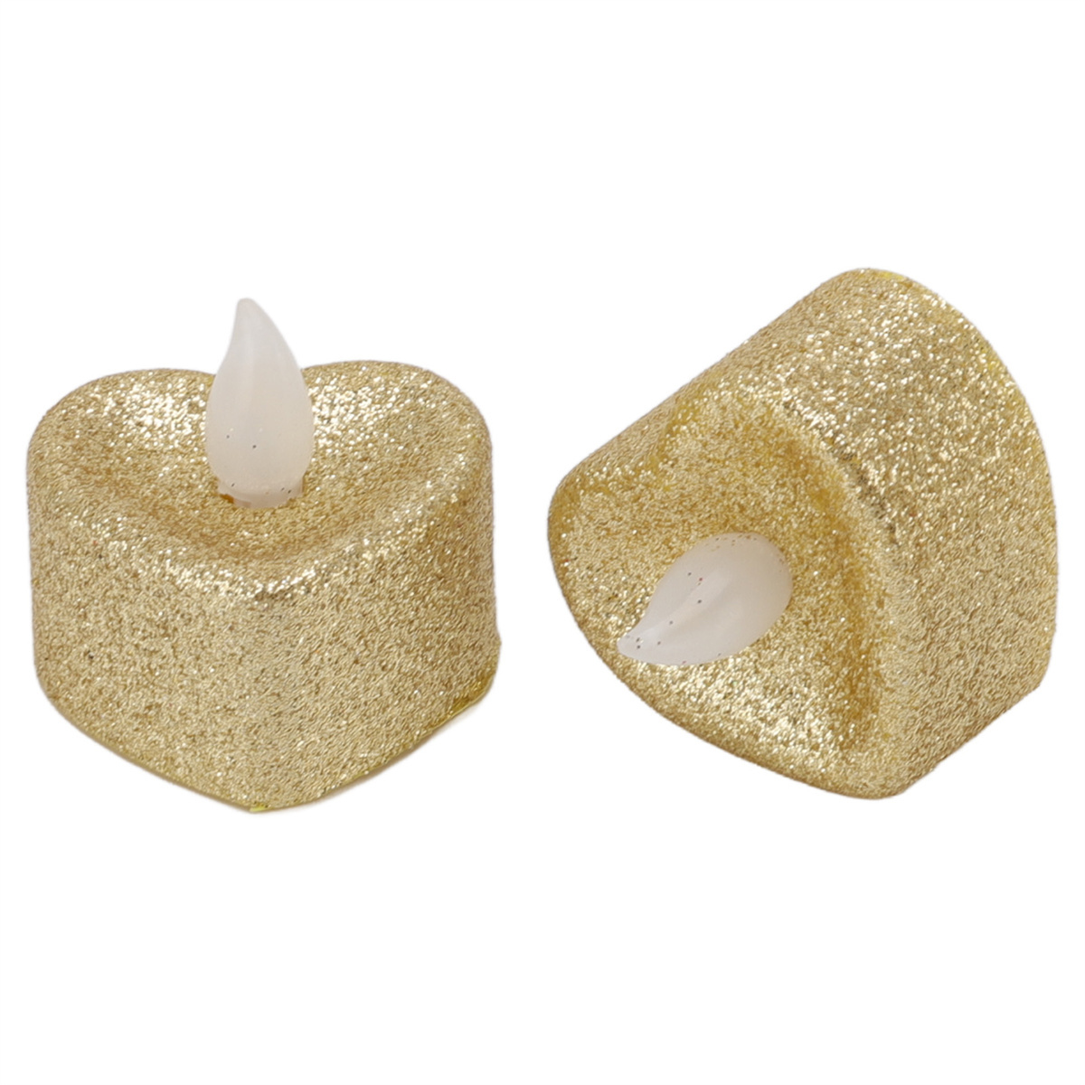 Zwei goldene, glitzernde herzförmige Kerzen auf weißem Hintergrund. Eine steht, die andere liegt.