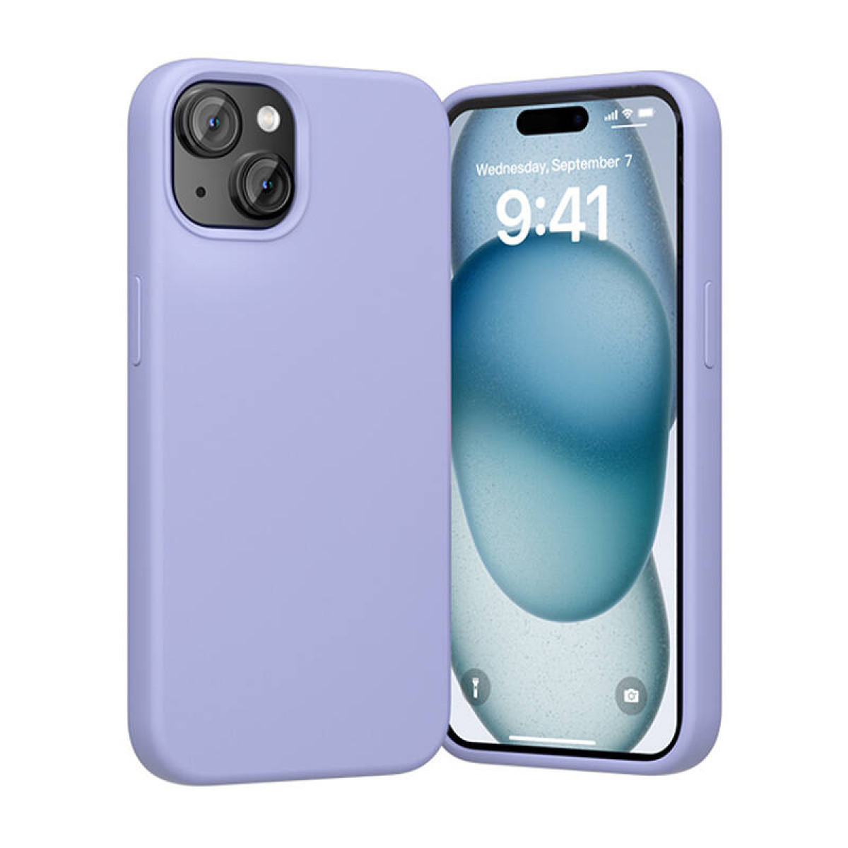 Zwei Handyhüllen: eine auf einem Telefon und eine daneben. Beide sind lavendelfarben.