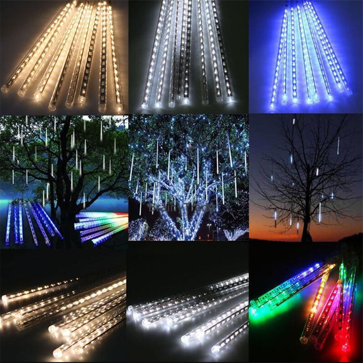 Mehrere Lichterketten in verschiedenen Farben und Anordnungen, die an Bäumen hängen.