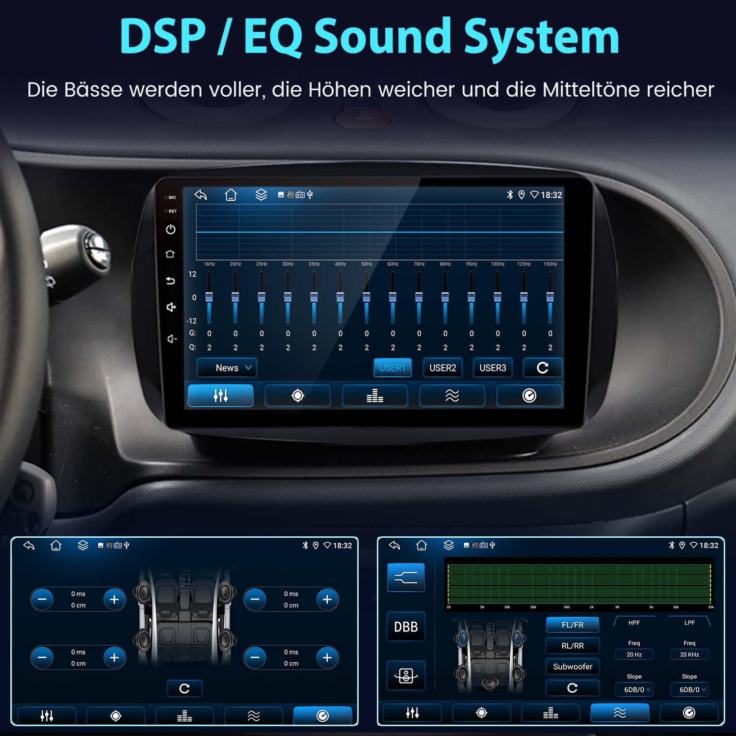 Auto-Armaturenbrett mit DSP/EQ-Sound-System-Bedienelementen, einschließlich Equalizer-Balken und Einstellungen.