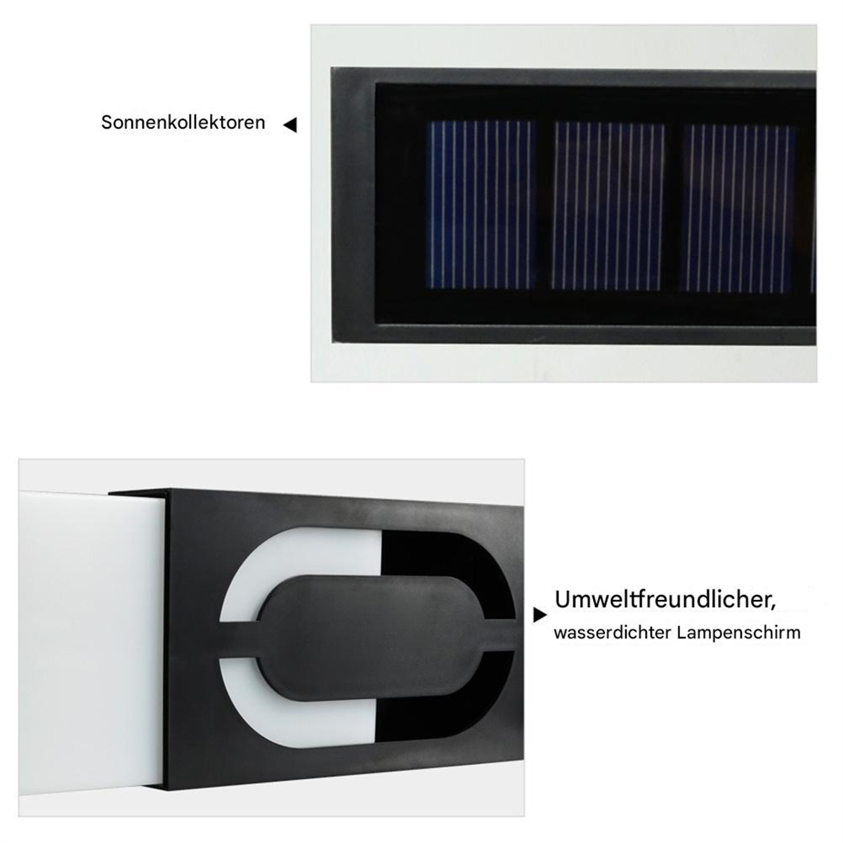 Zwei detaillierte Bilder einer solarbetriebenen Leuchte, mit Text auf Deutsch.