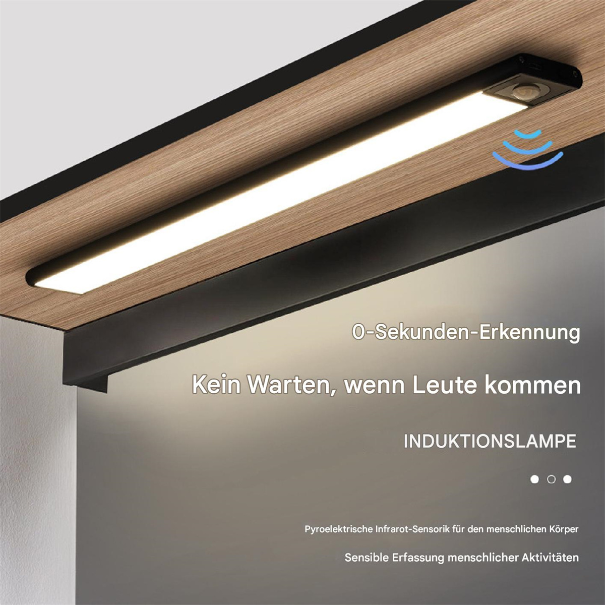 LED-Leuchte unter einem Holzregal montiert. Text auf Deutsch über die Funktionen.