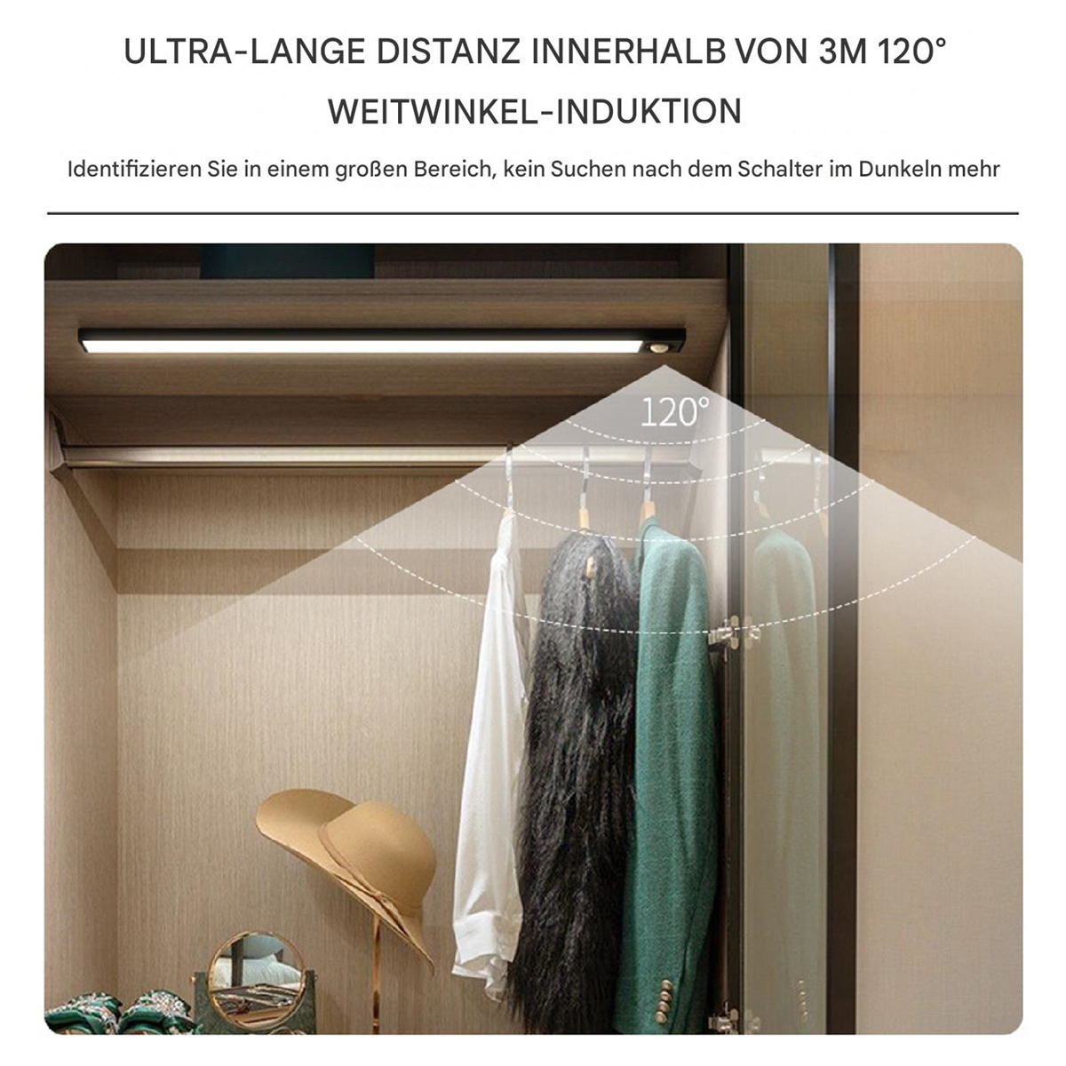 Innenraum eines Schranks mit einer Leuchte über einer Stange mit Kleidung, 120° Licht.