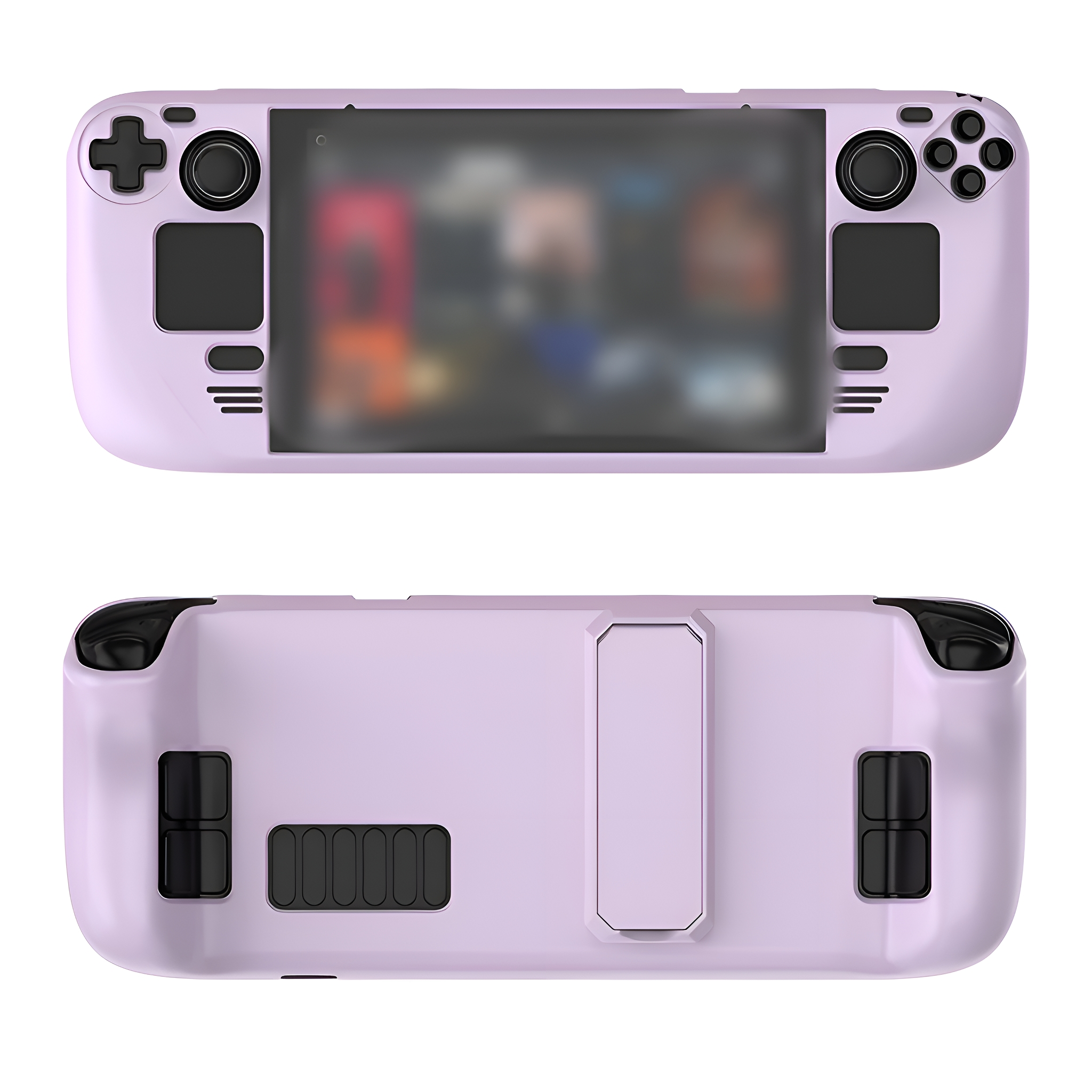 Lila Handheld-Spielkonsole, Vorder- und Rückansicht. Schwarze Knöpfe und Joysticks.