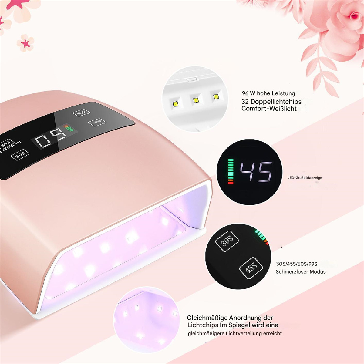 Rosa UV-Nagellampe. Display zeigt 45 Sekunden. Text und Bilder.