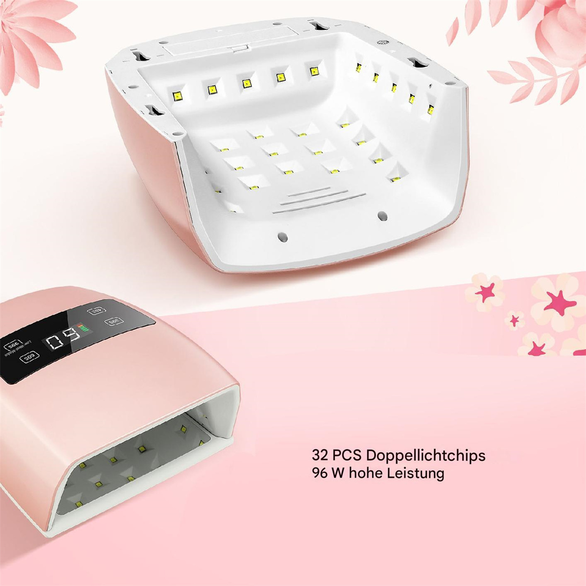 Rosa Nagellampe mit LEDs. Eine weitere rosa Lampe befindet sich unten. Rosa und weißer Hintergrund mit Blumen.