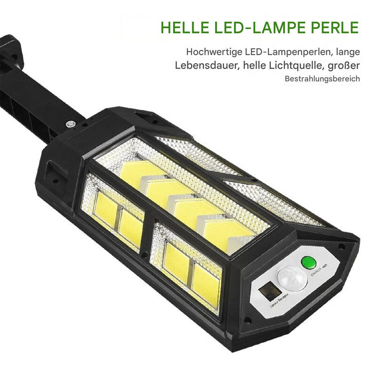 Eine schwarze Solar-LED-Lampe mit weißem Licht. Text auf Deutsch oben.