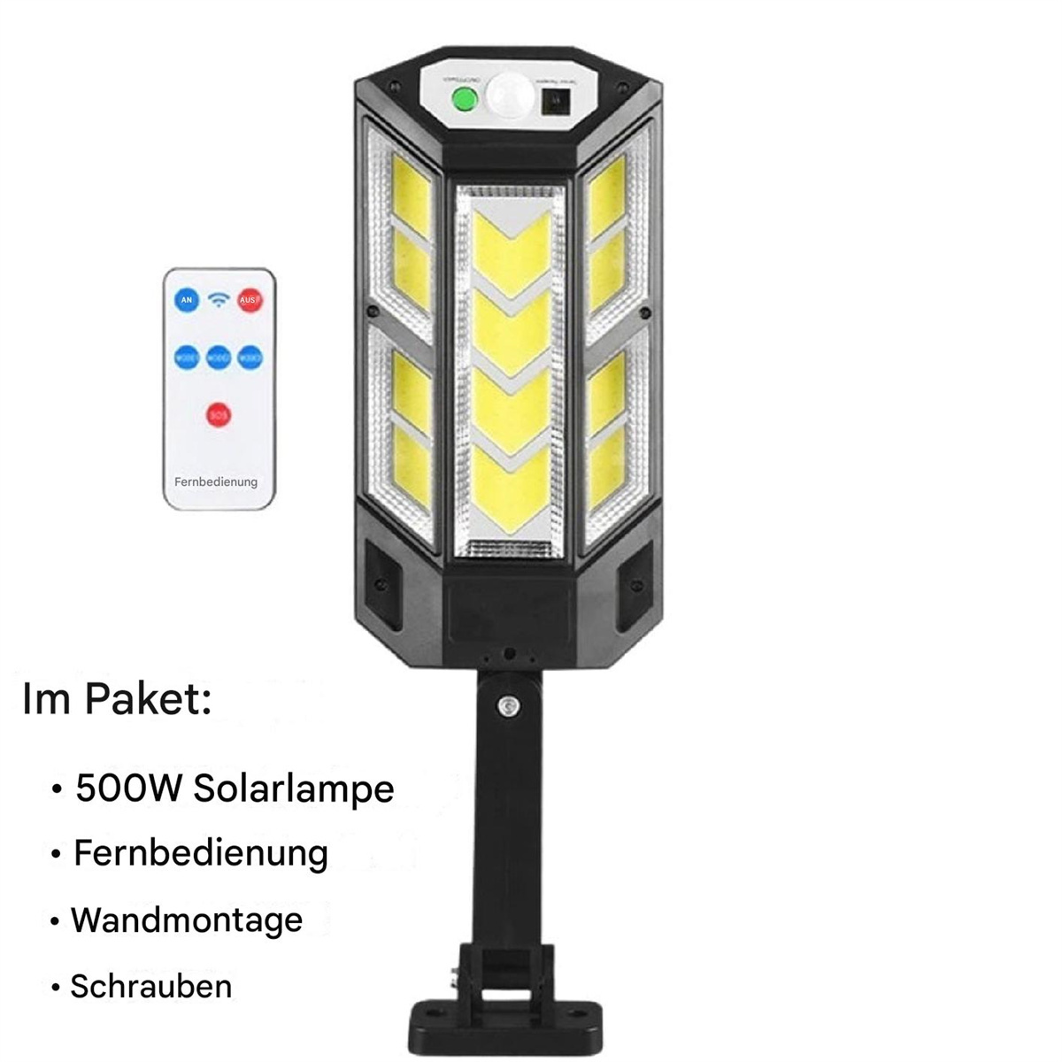 Solarlampe mit Fernbedienung. Enthält: Lampe, Fernbedienung, Wandhalterung und Schrauben. Schwarz und Weiß.