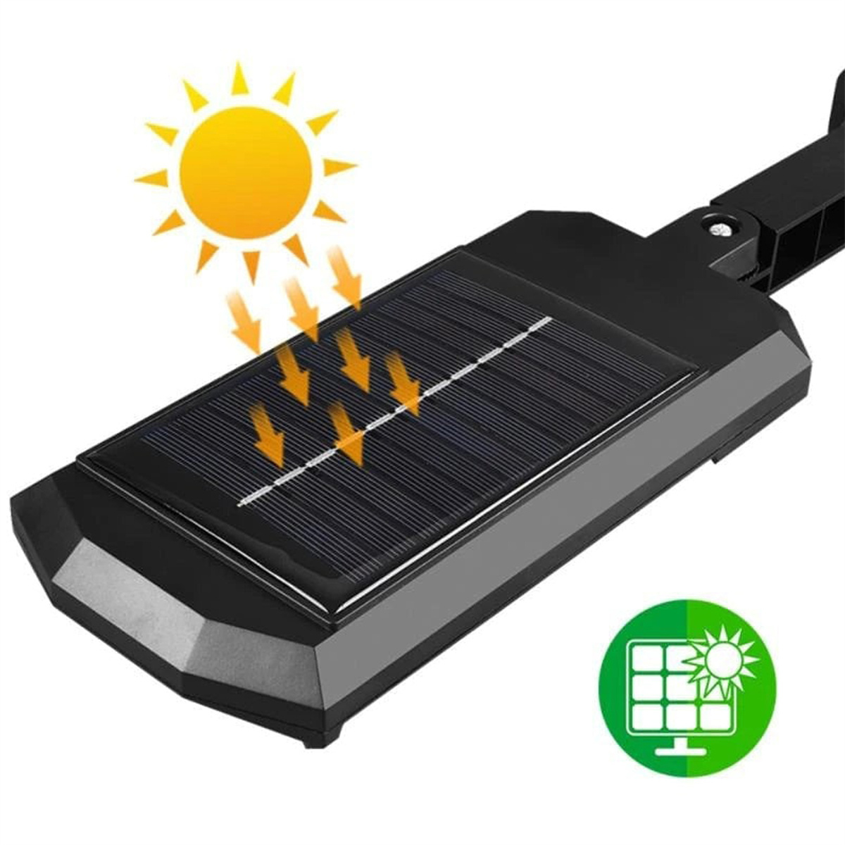 Schwarze Solarlampe mit Solarpanel, Sonnensymbol und Pfeilen.