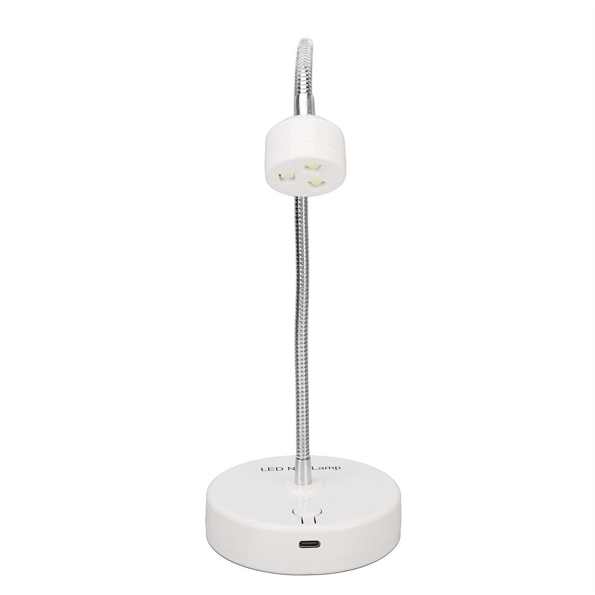 Eine weiße LED-Schreibtischlampe mit flexiblem, silbernem Hals und einem Drei-LED-Leuchtenkopf.