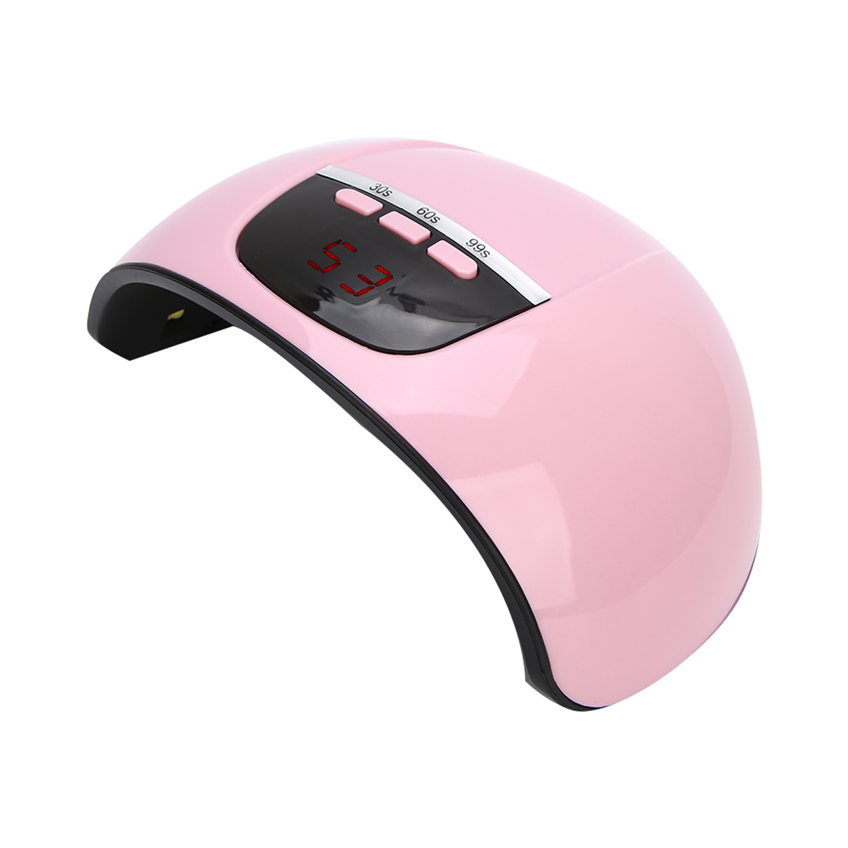 Rosa Nagellampe mit digitaler Zeitanzeige und drei Knöpfen. Schwarzer Sockel und Oberseite.