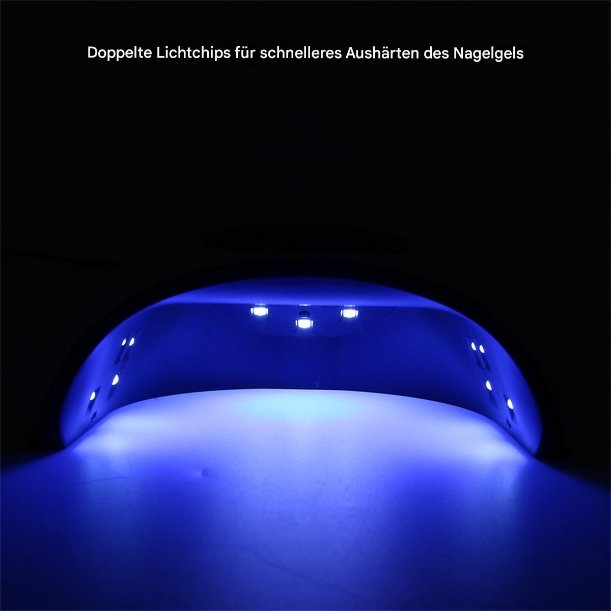 Eine blaue UV-Nagellampe mit mehreren Lichtern in einer dunklen Umgebung.