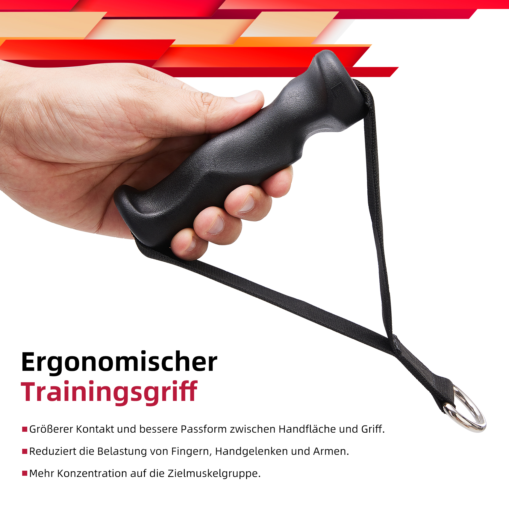 Ein schwarzer ergonomischer Trainingsgriff, gehalten von einer Hand, mit schwarzem Gurt und Metallring.