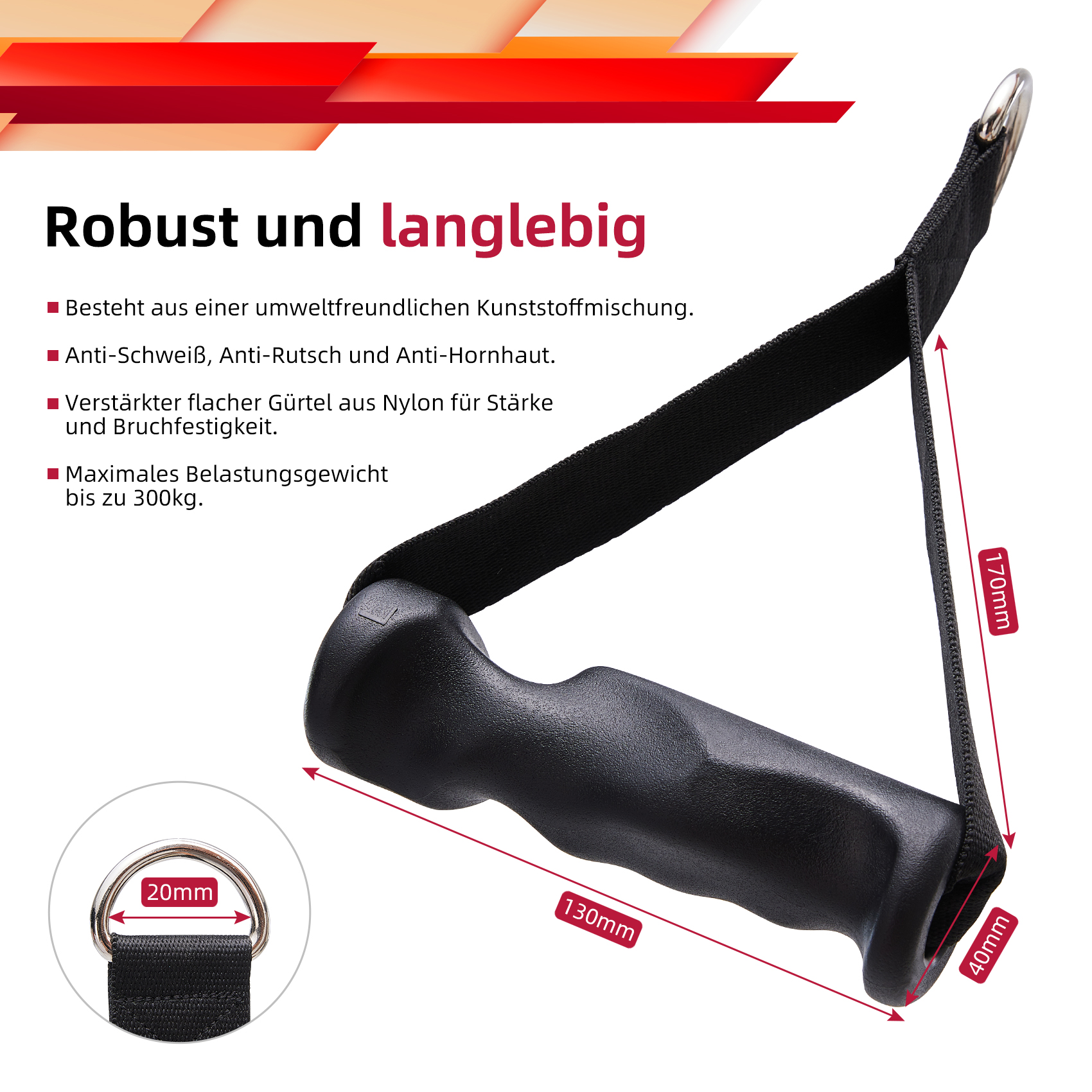 Ein schwarzer und grauer Trainingsgriff mit Messungen und ein schwarzer Gurt mit Metallring.