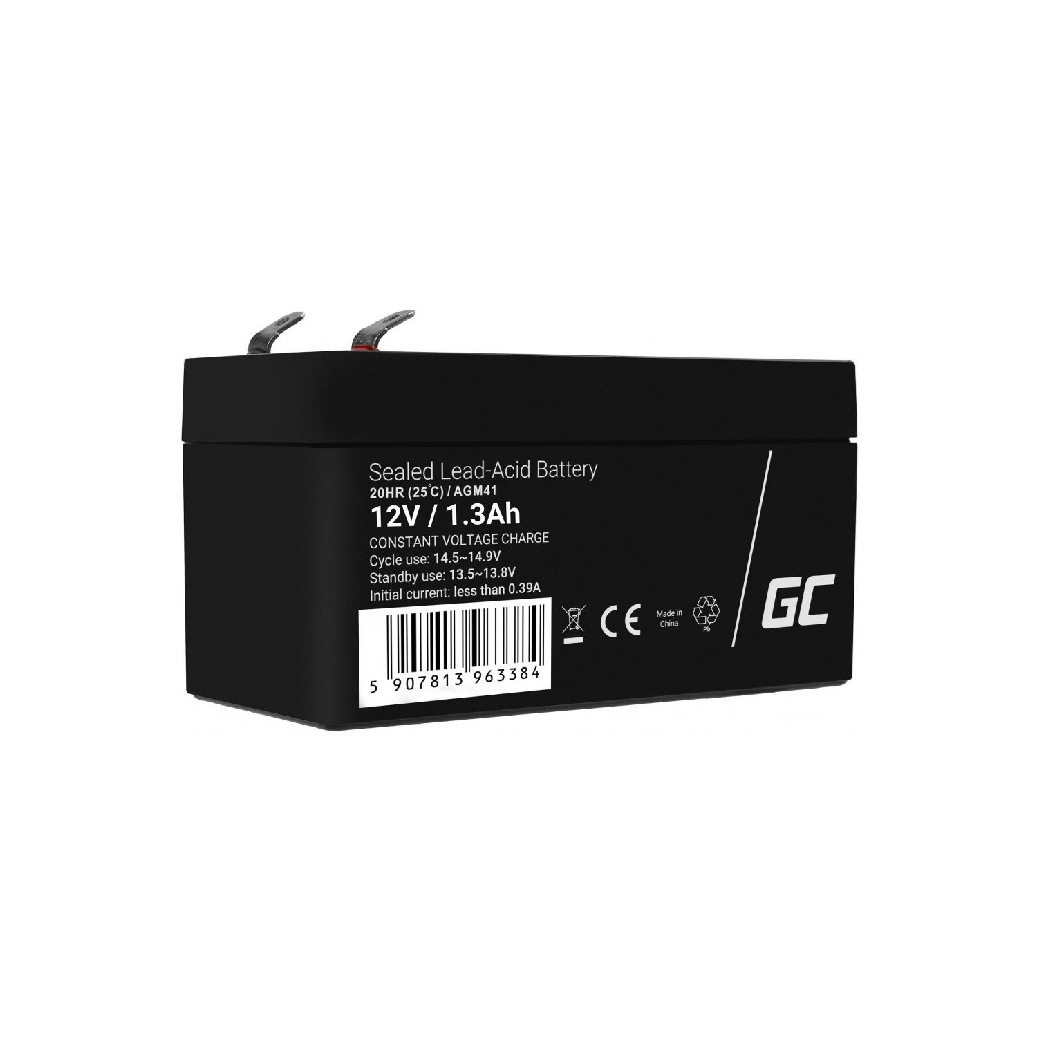 Schwarze rechteckige Batterie mit Text, einschließlich '12V / 1.3Ah' und anderen Details.