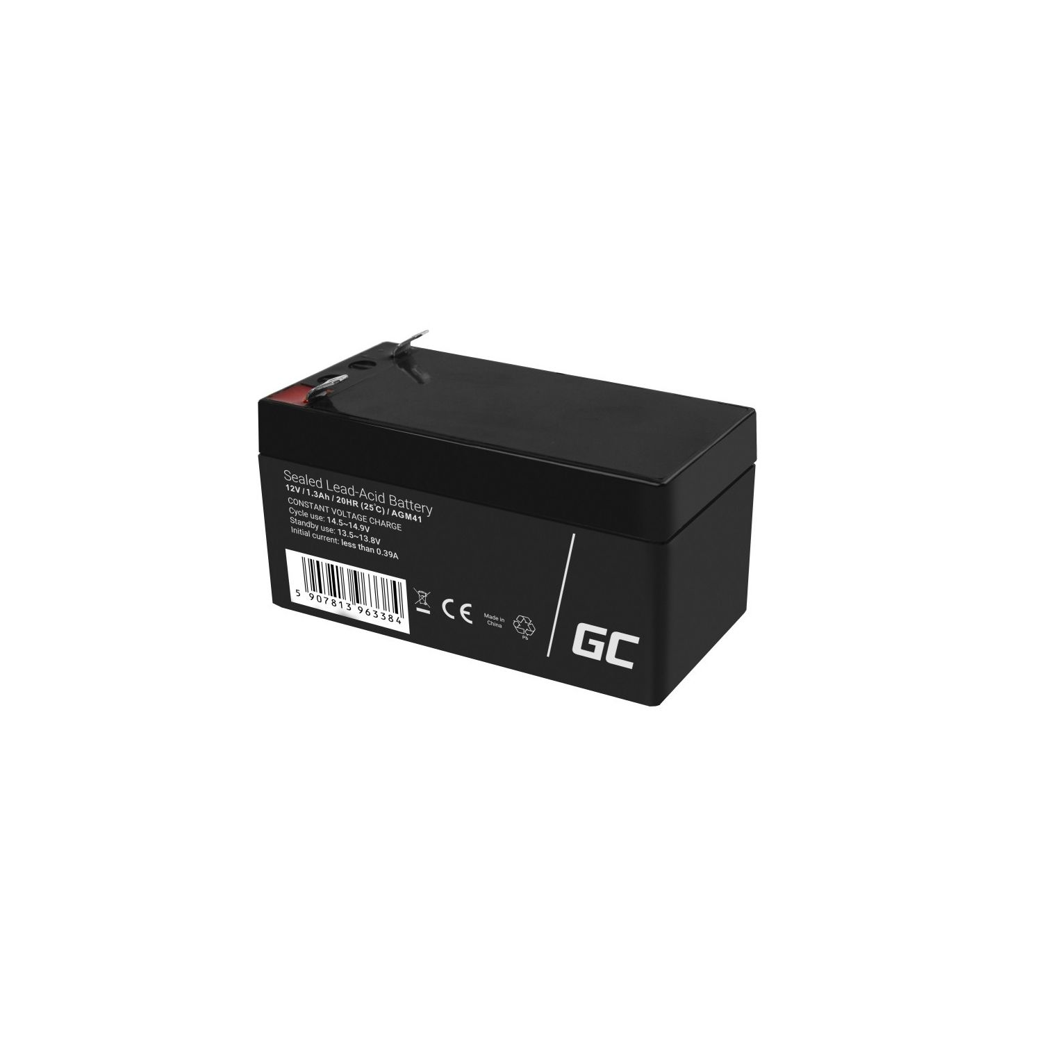 Eine schwarze rechteckige Batterie mit weißem Etikett und einem schwarzen Draht, der herausragt.