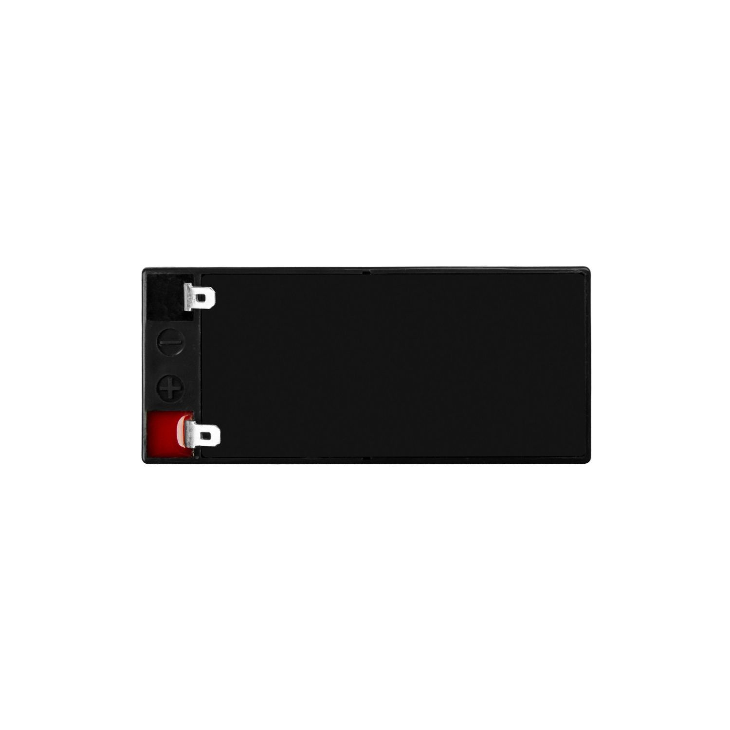 Schwarze rechteckige Batterie mit Plus- und Minuspol. Rotes Licht an der Seite.