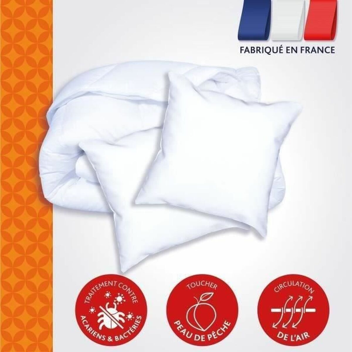 Weißes Bettwäsche-Set mit zwei Kissen und einem Steppbett. Es gibt Schutzsymbole.