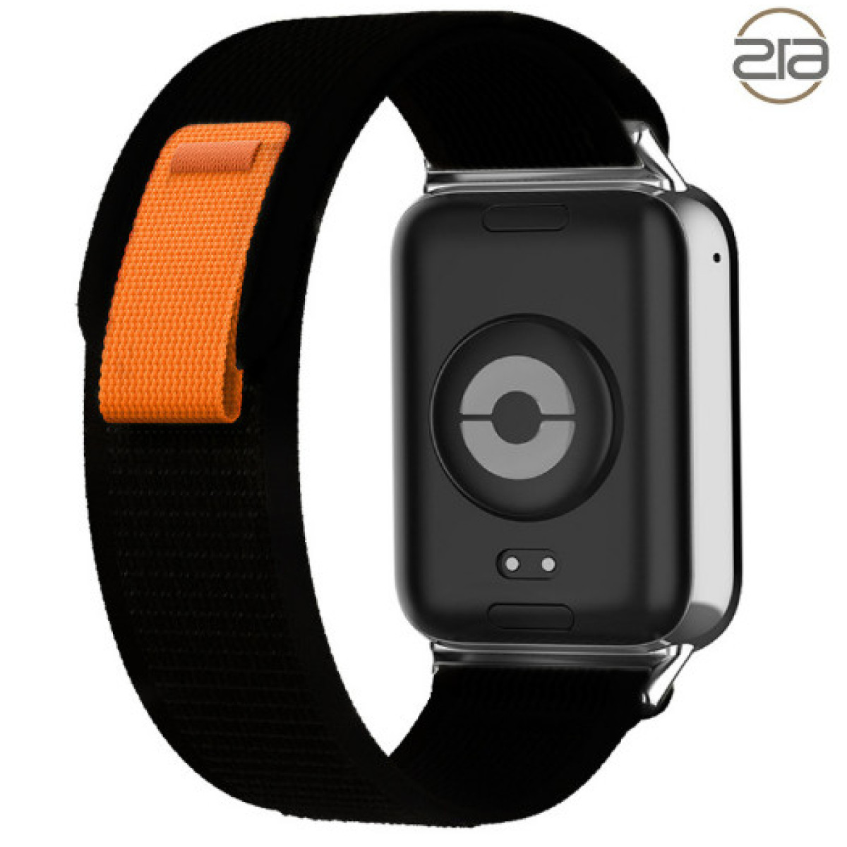 Eine schwarze Smartwatch mit einem schwarzen und orangefarbenen Armband, mit dem Logo der Marke 21a an der Seite.