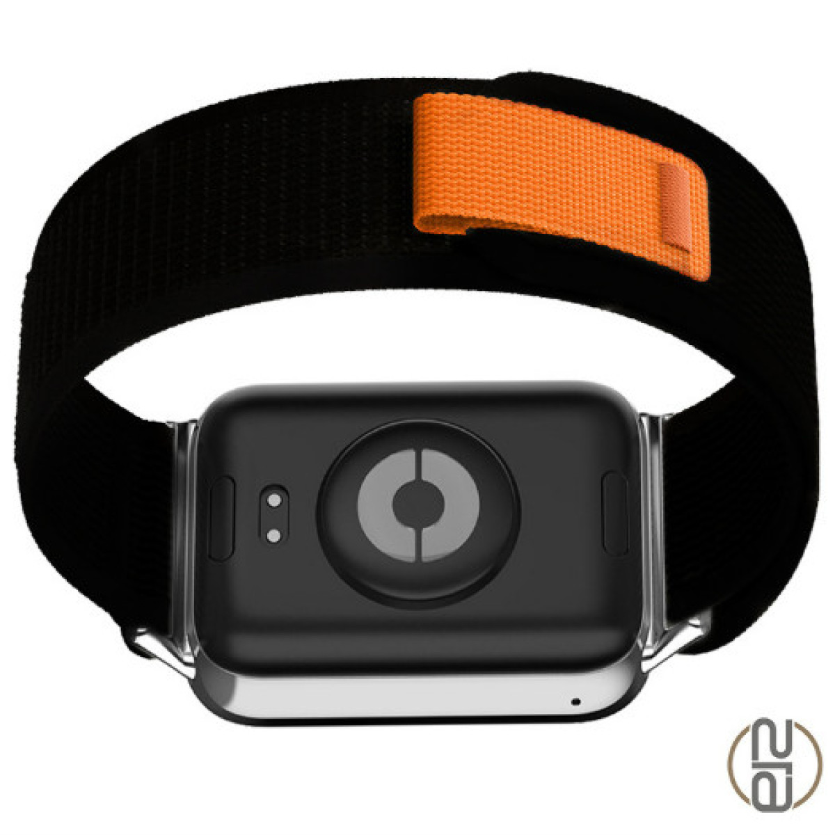 Schwarzer Fitnesstracker mit schwarzem Armband und orangefarbenem Riemen.