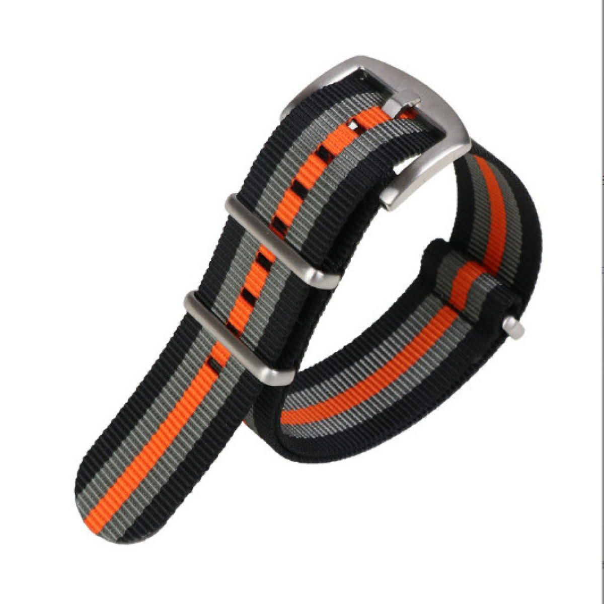 Armband mit schwarzen, grauen und orangefarbenen Streifen. Die Schnalle ist silberfarben. Der Hintergrund ist weiß.