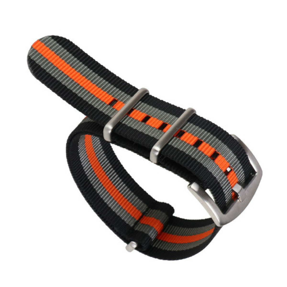 Gestreiftes Uhrenarmband mit orangefarbenen, grauen und schwarzen Streifen, mit Metallschnalle.