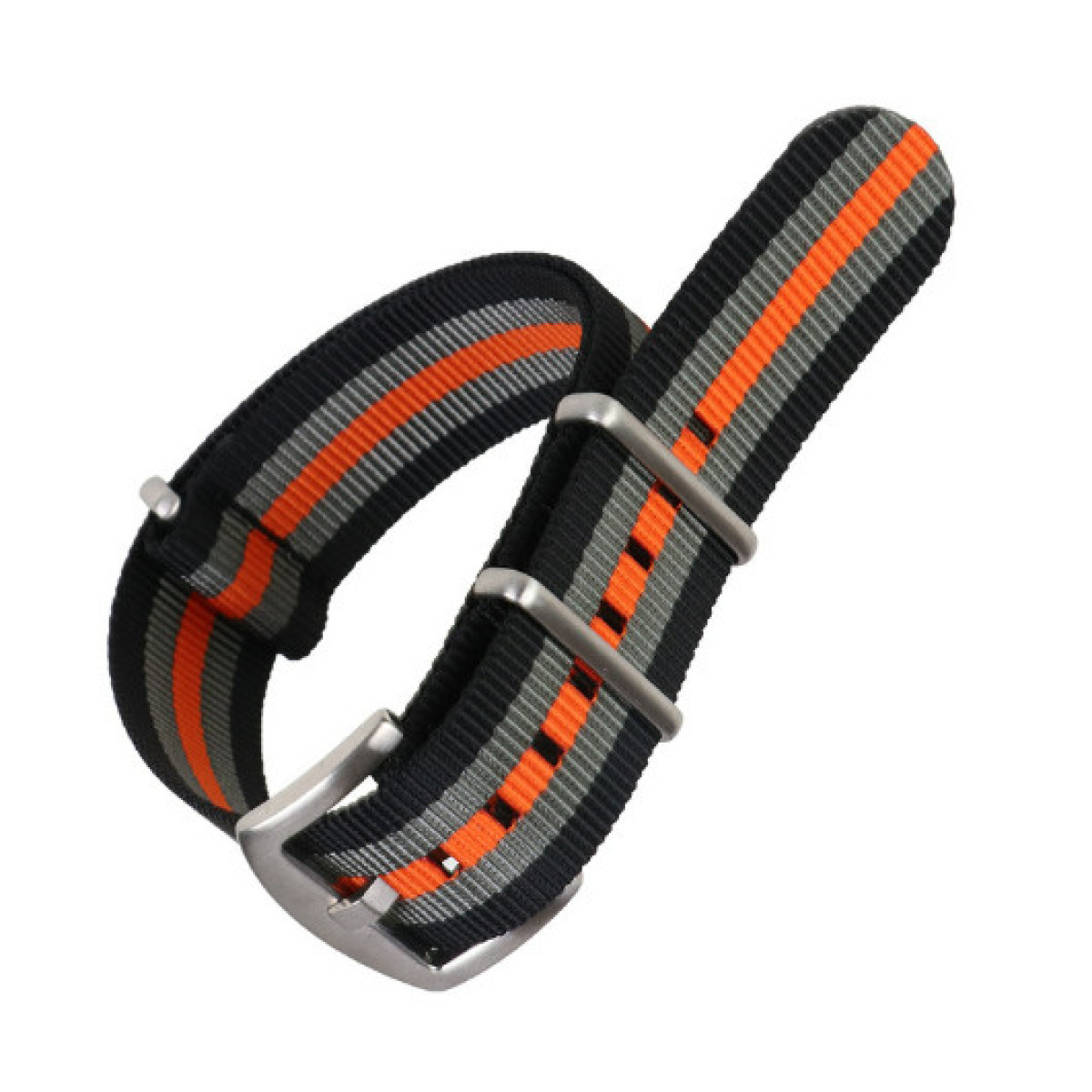 Schwarzes und graues Uhrenarmband mit orangefarbenen Streifen und silberner Schnalle.
