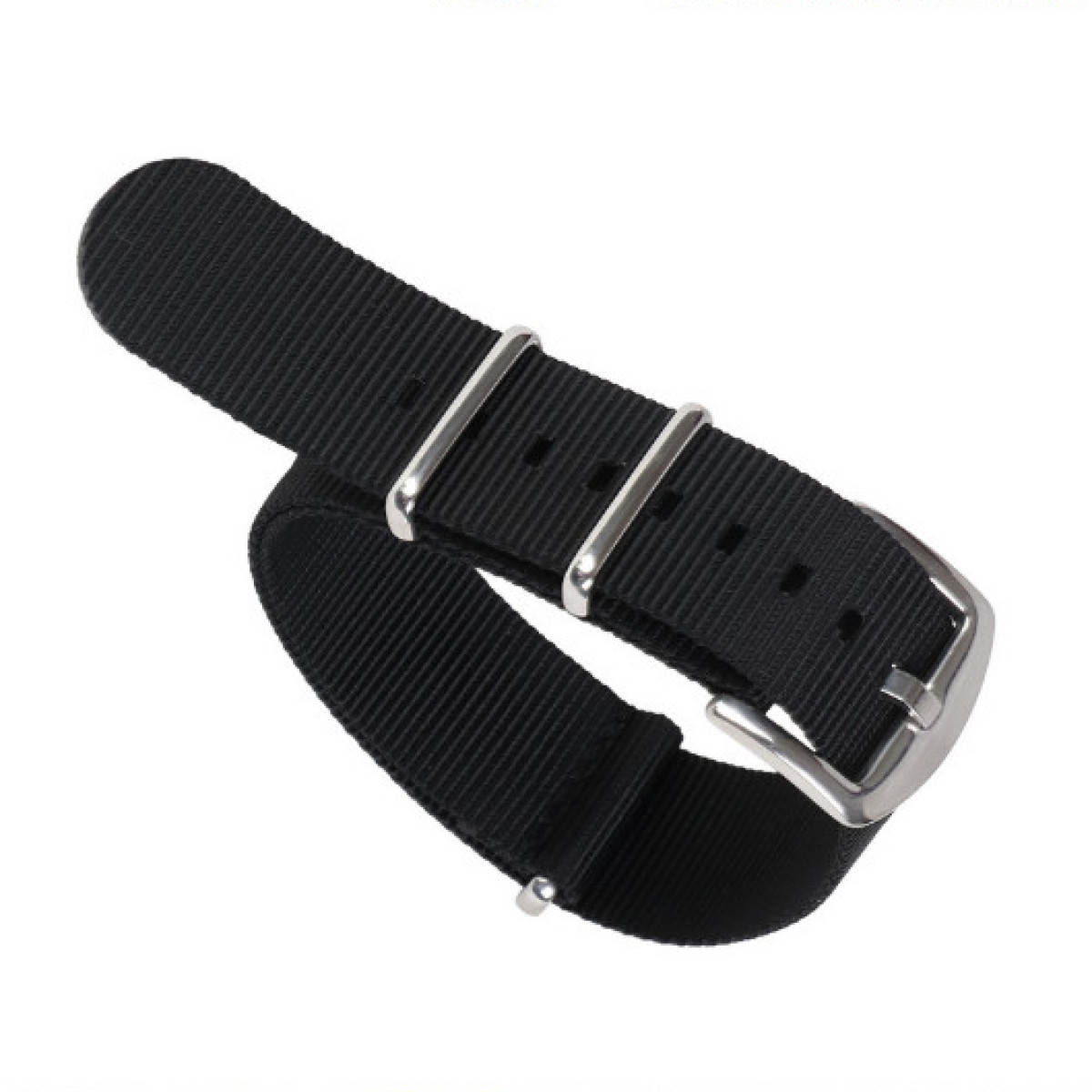 Cinturino per orologio in nylon nero con fibbie in metallo argentato. Il cinturino è su sfondo bianco.