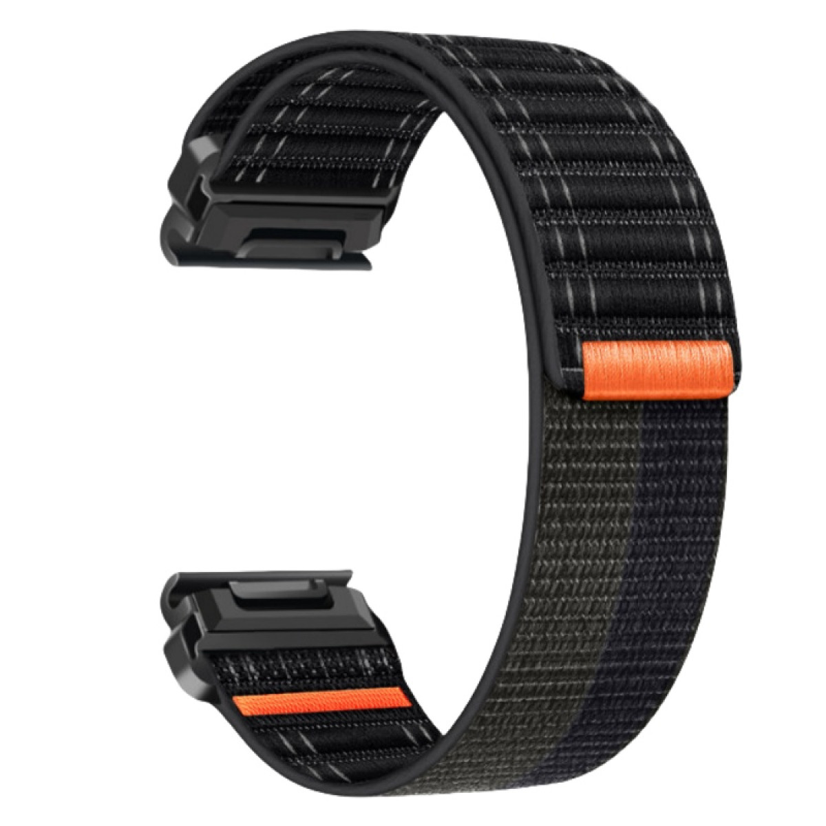 Schwarzes und oranges Uhrenarmband mit zwei schwarzen Schnallen.
