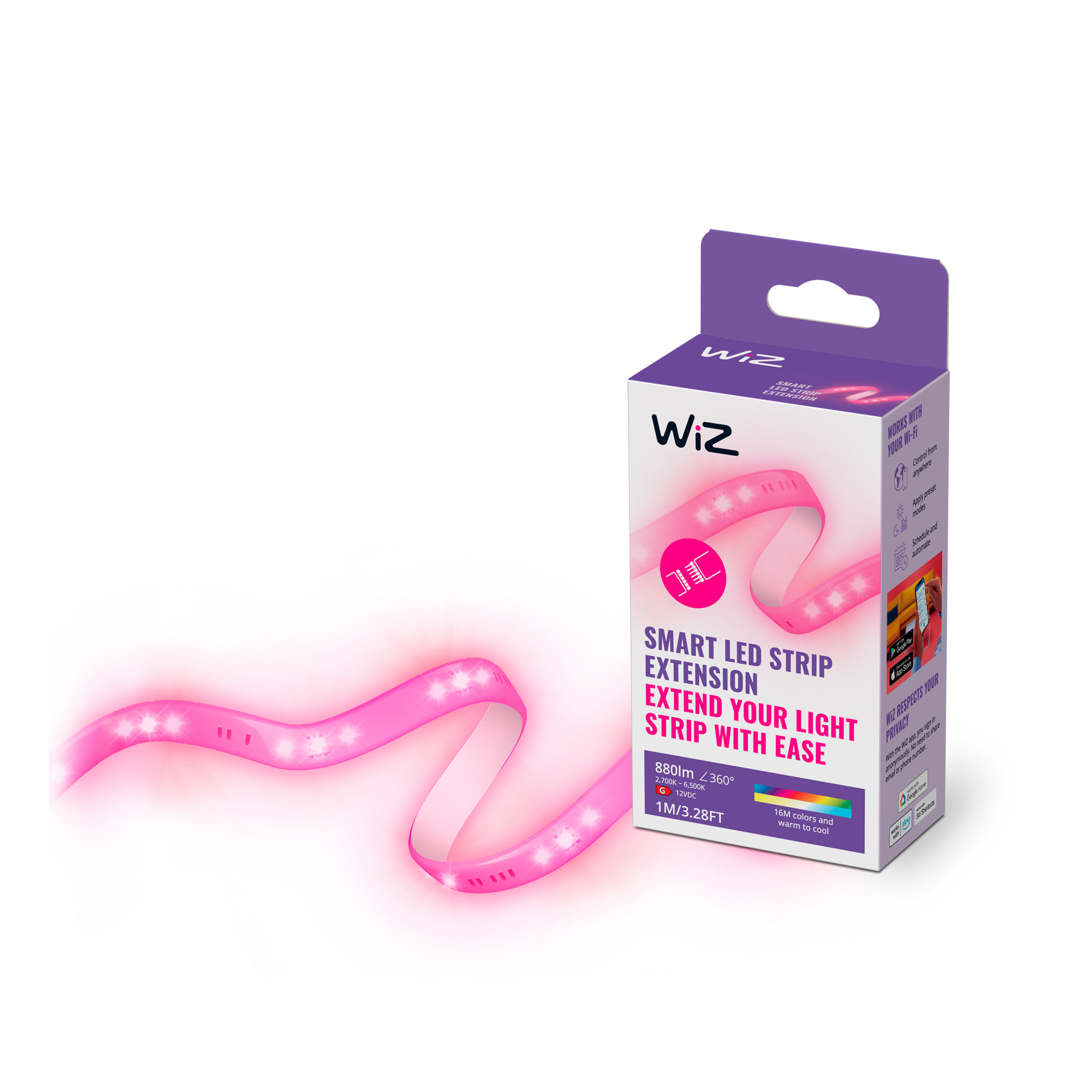 Caja con tira LED rosa. Texto dice 'Smart LED Strip Extension'.