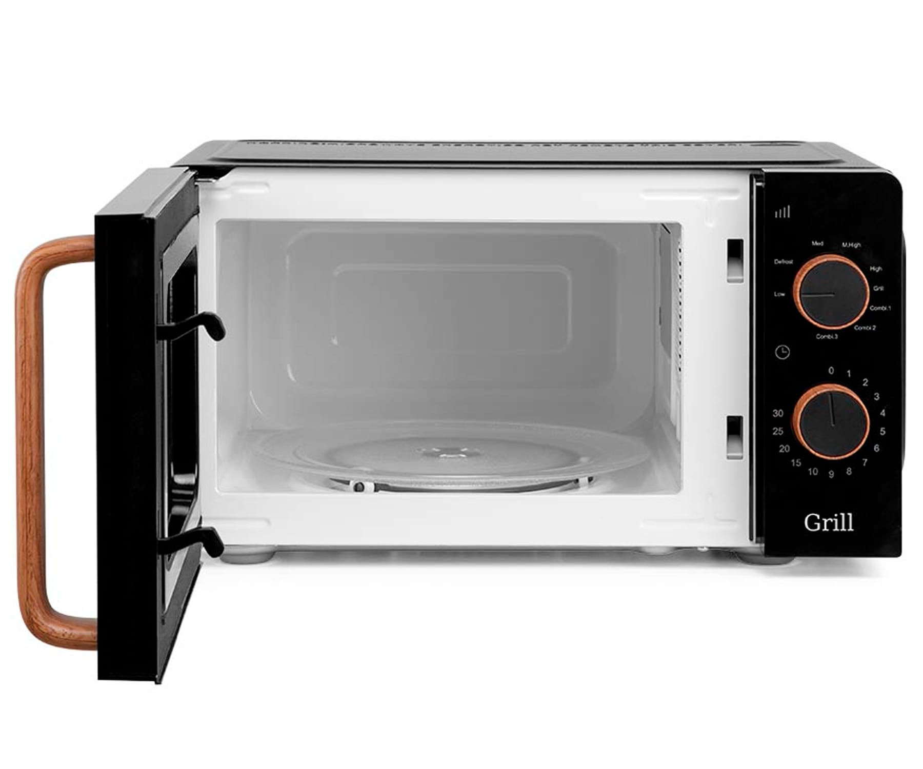 Un horno microondas negro con la puerta abierta. El interior es de cristal. Hay diales en el lado derecho.
