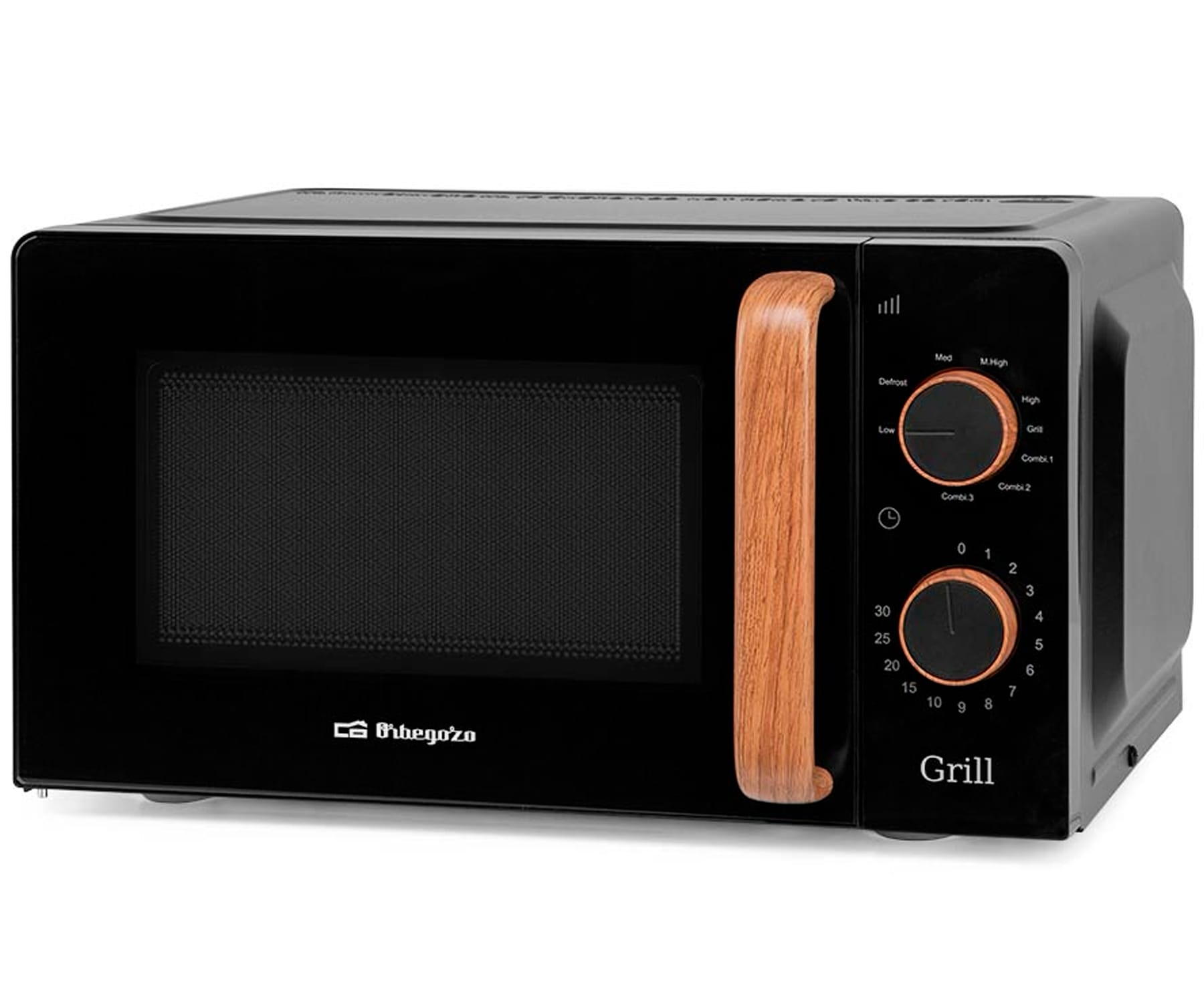 Microondas negro con mango de madera, panel de control y la palabra 'Grill'.