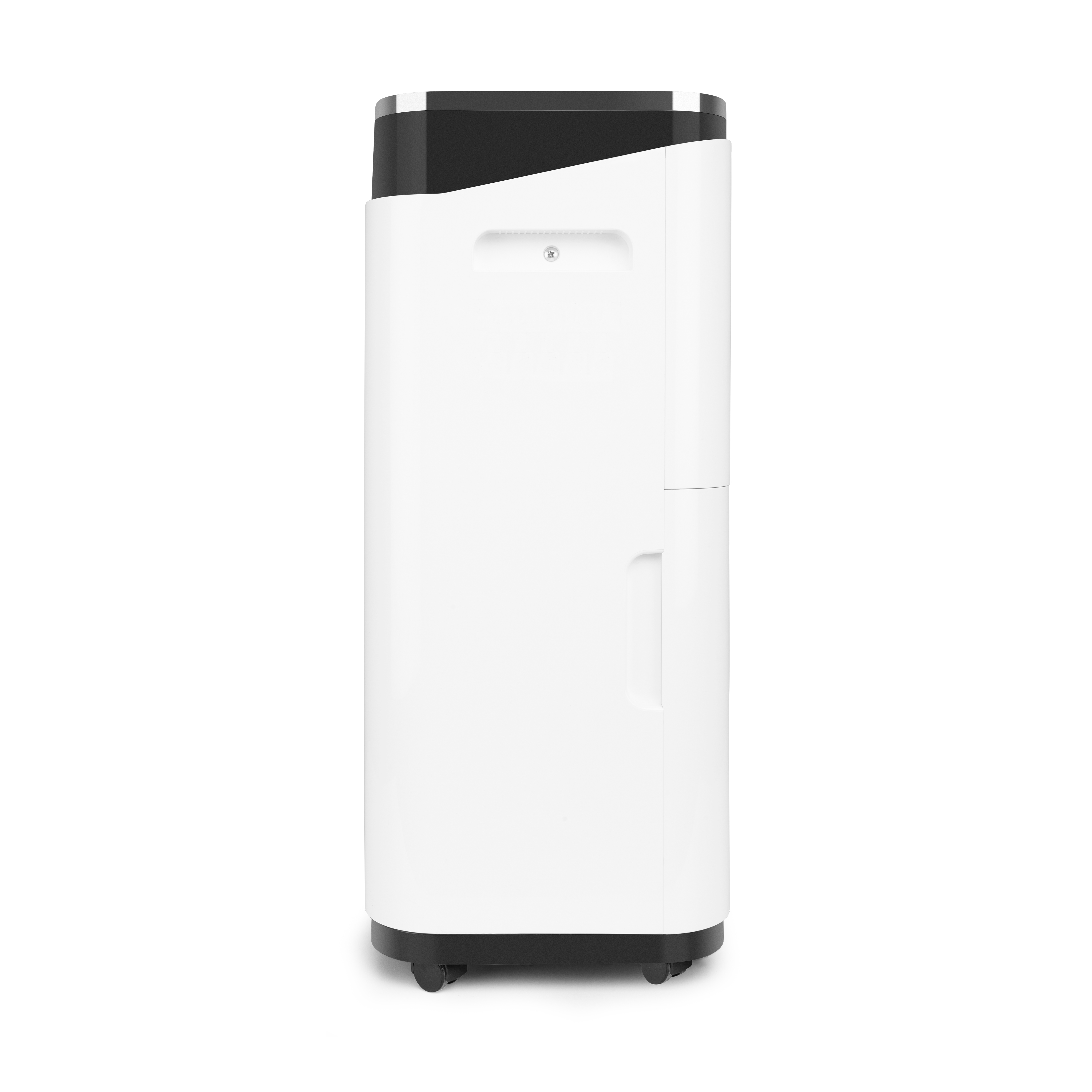 Purificador de aire blanco y negro. Es alto y tiene una asa y ruedas en la parte inferior.